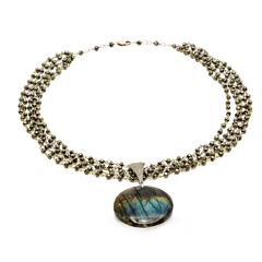 Round Labradorite Hematite Bead Diamond Statement Necklace