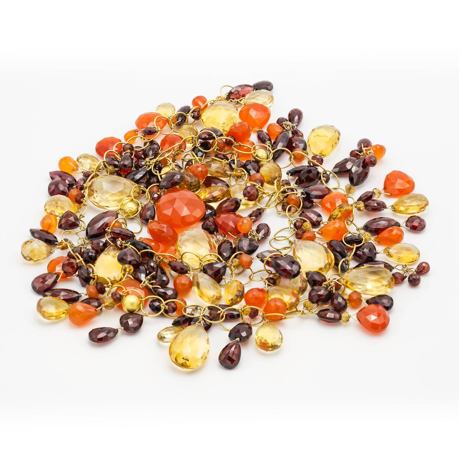 Citrine, Carnelian and Garnet Briolette Bead Necklace in Gold In Excellent Condition In Berkeley, CA