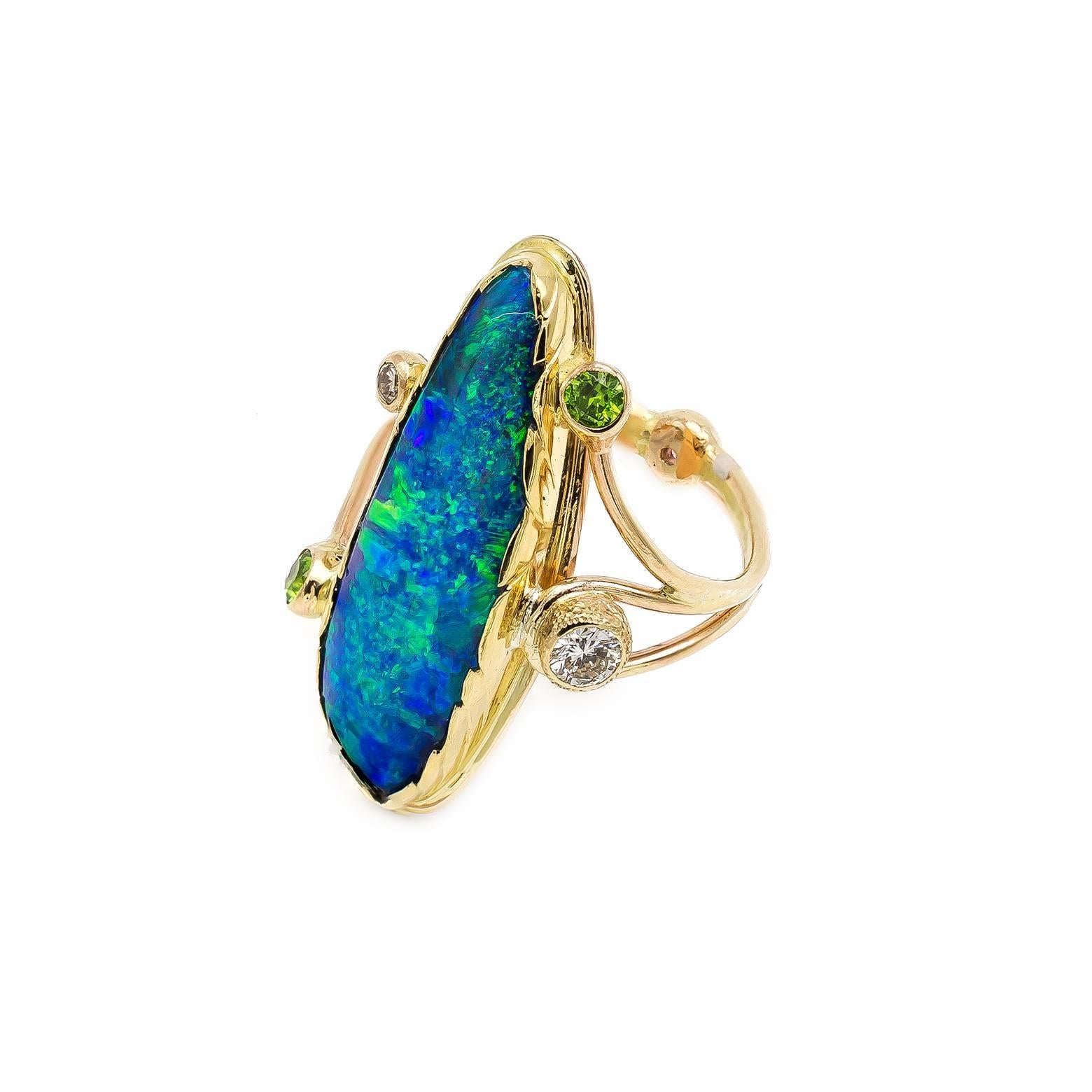 Artist Large Boulder Opal Ring with Green Garnets and White Sapphires Set in Gold