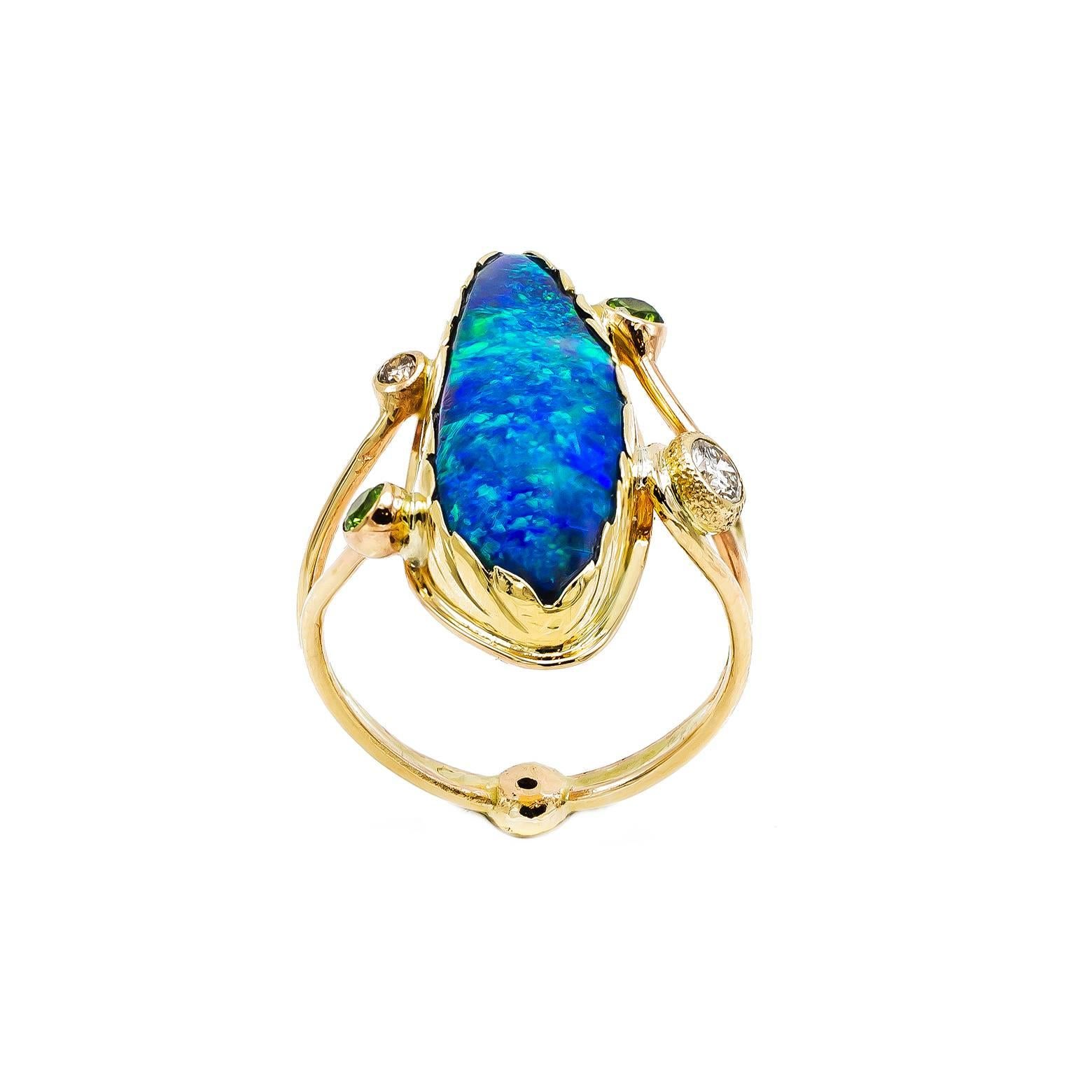 Women's Large Boulder Opal Ring with Green Garnets and White Sapphires Set in Gold