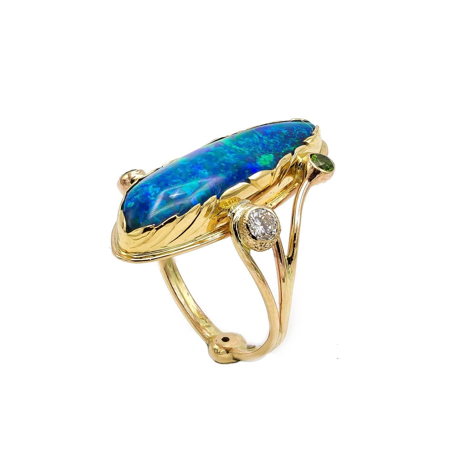 Large Boulder Opal Ring with Green Garnets and White Sapphires Set in Gold 1