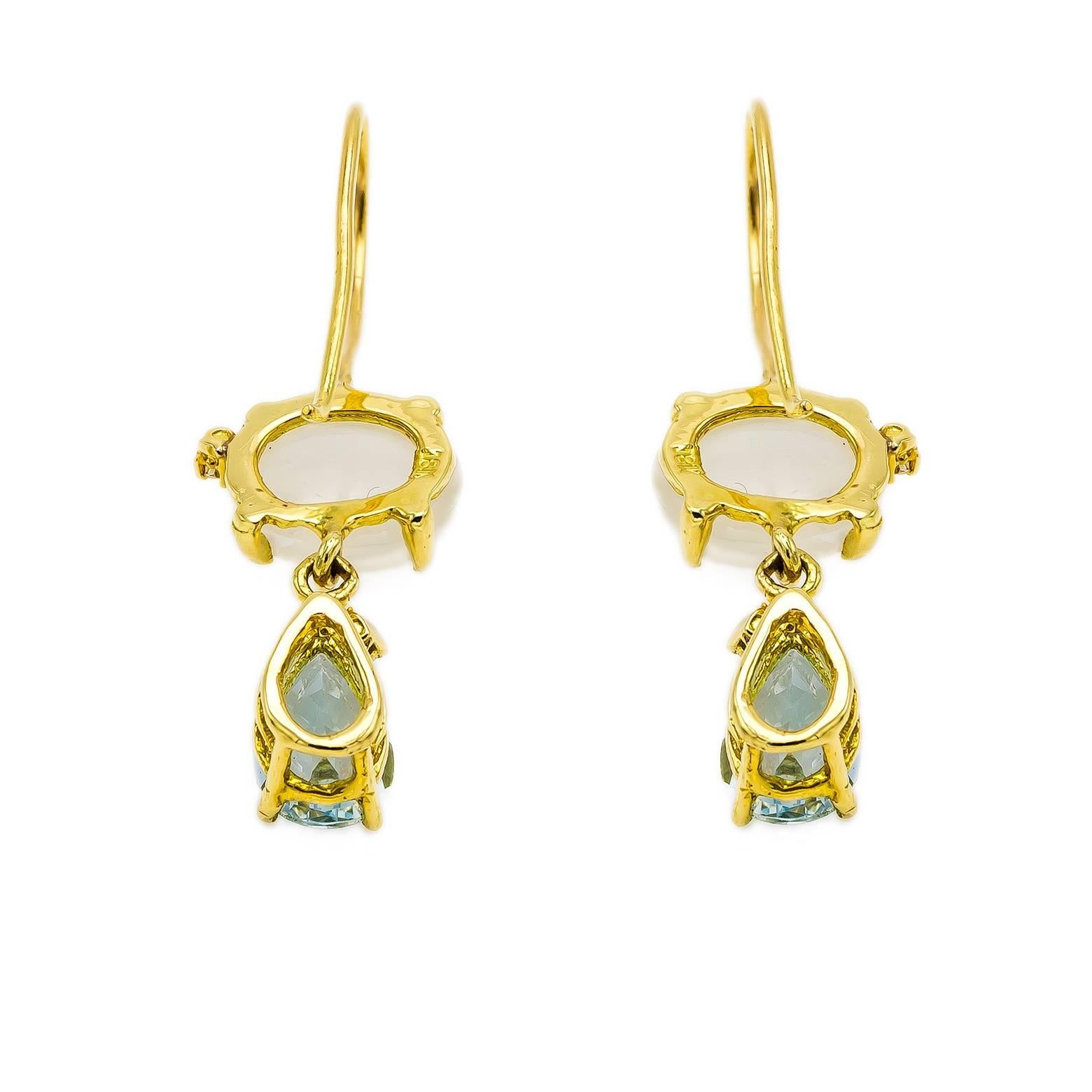 Modern Oval Moonstone Pear Aquamarine and Diamond Dangle Drop Earrings in Gold