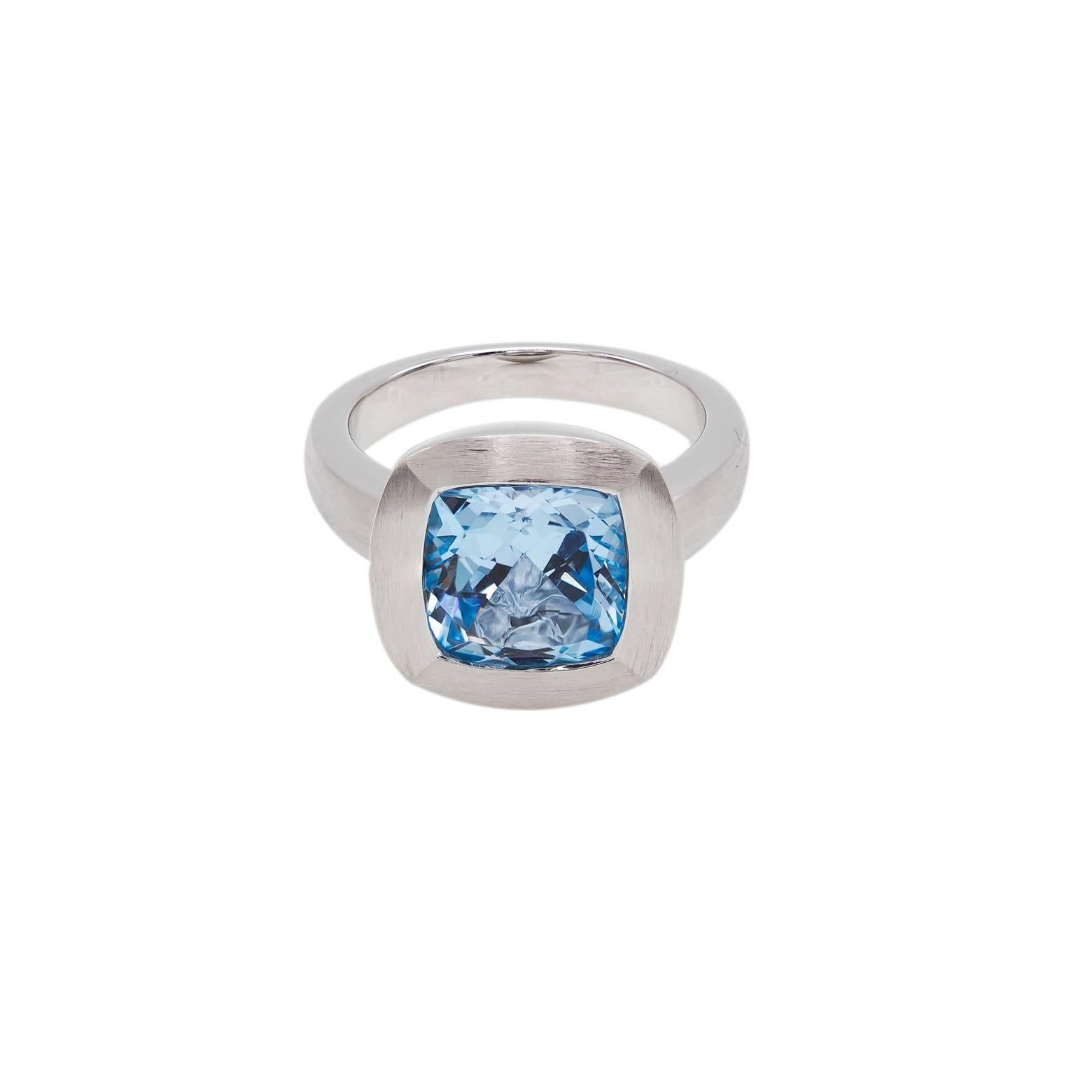 Large Square Blue Topaz Ring set in Sterling Silver with a Matte Finish In Excellent Condition In Berkeley, CA