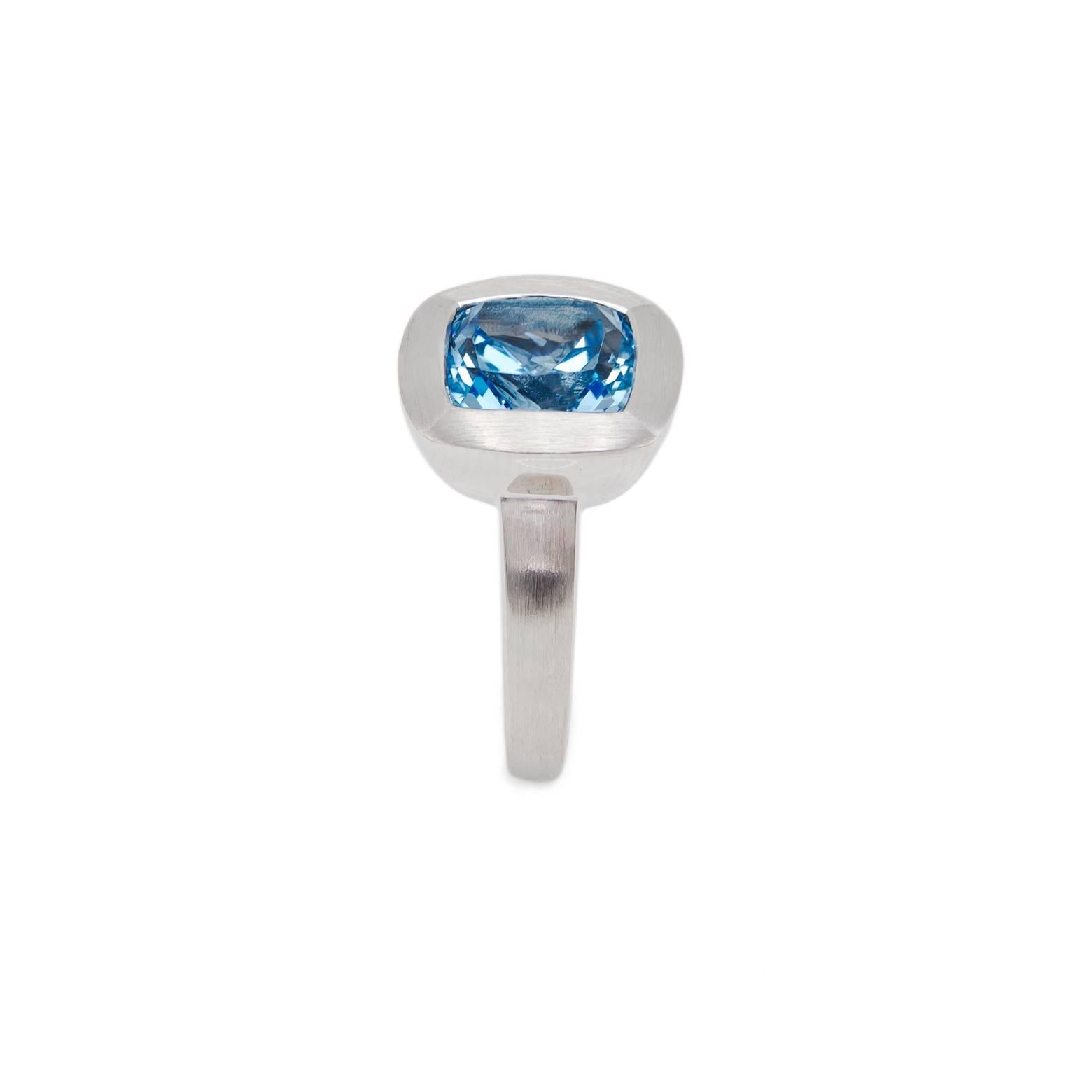 Modern Large Square Blue Topaz Ring set in Sterling Silver with a Matte Finish