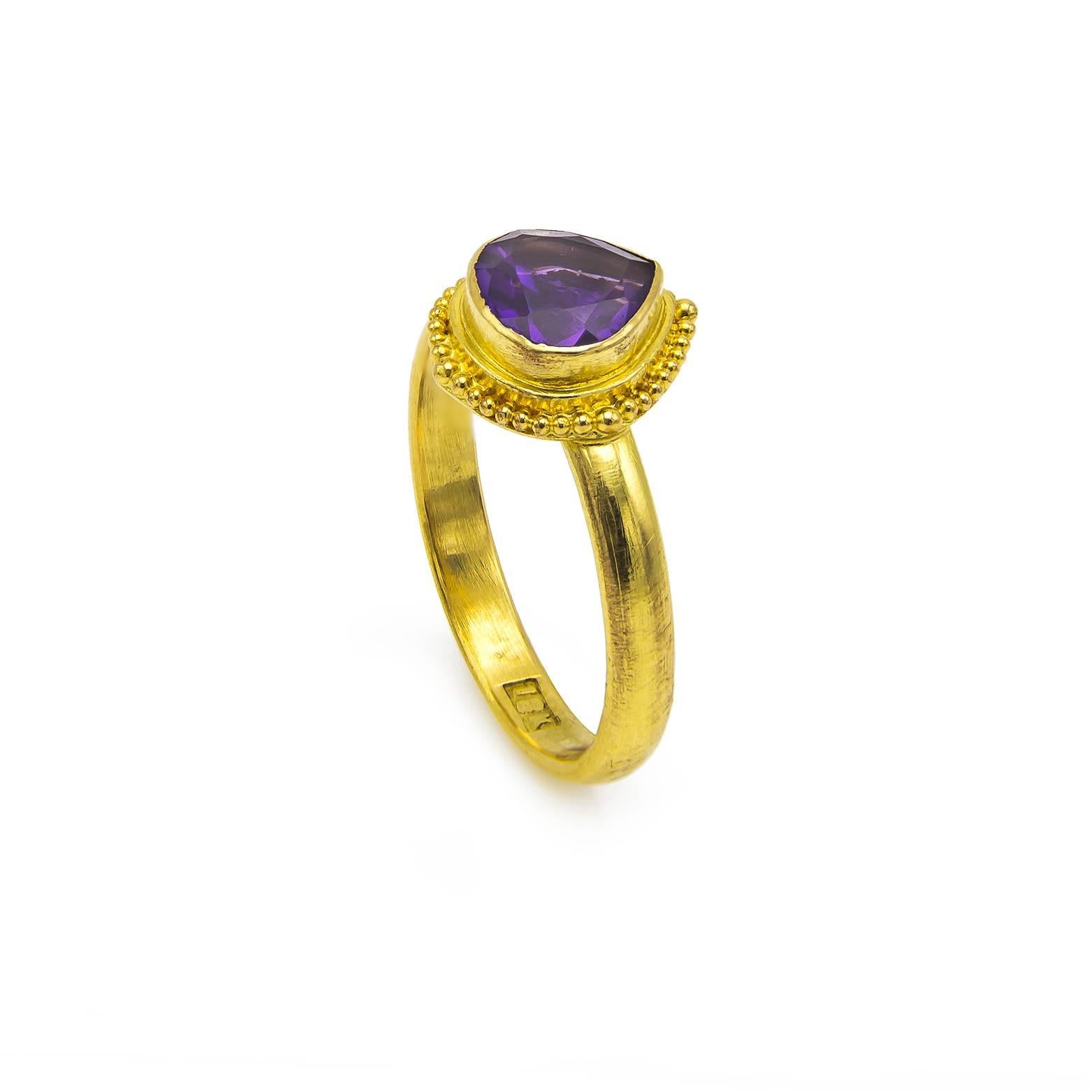 Modern Pear Shaped Amethyst in Detailed Gold Bezel Ring