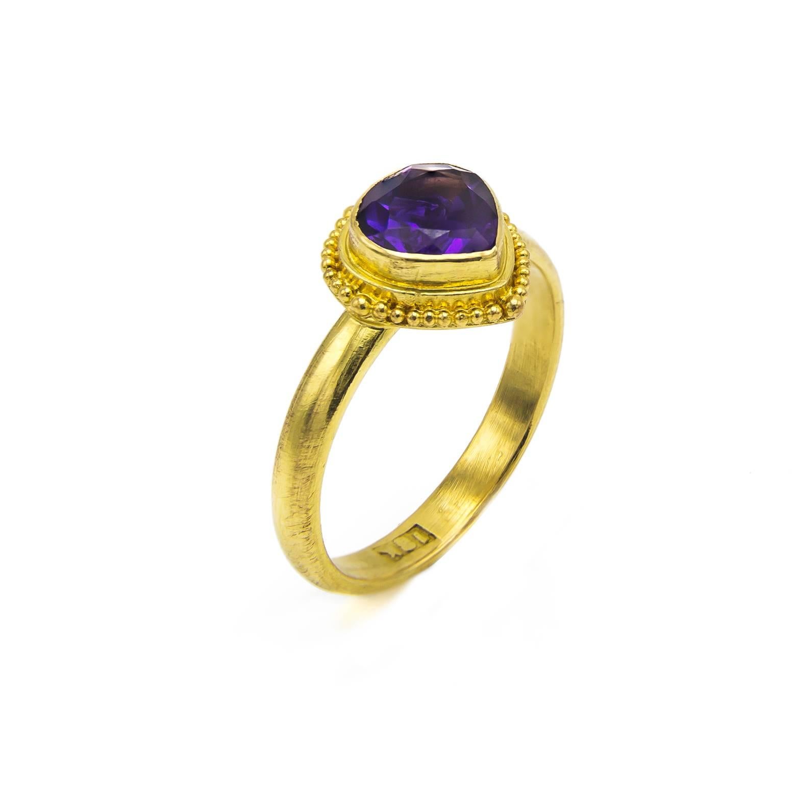 Pear Shaped Amethyst in Detailed Gold Bezel Ring In Excellent Condition In Berkeley, CA