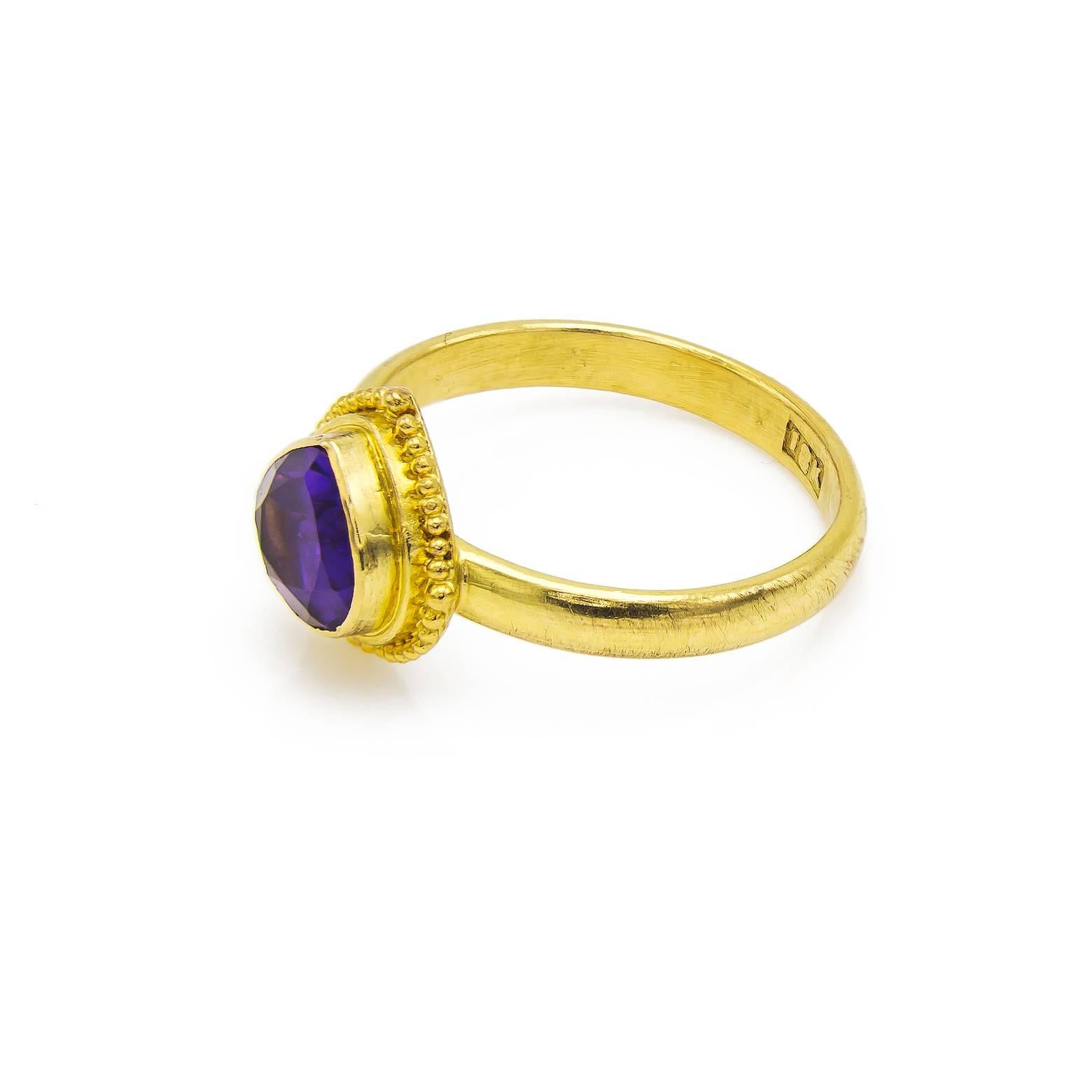 Pear Shaped Amethyst in Detailed Gold Bezel Ring 1