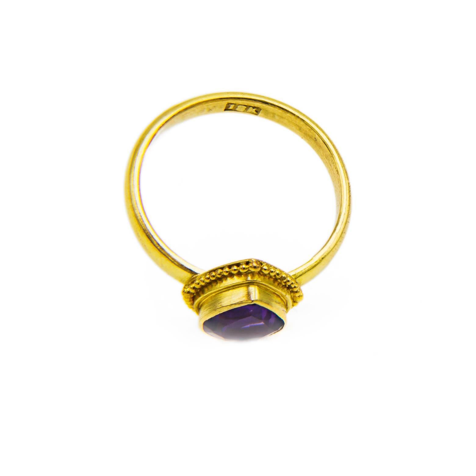 Pear Shaped Amethyst in Detailed Gold Bezel Ring 2
