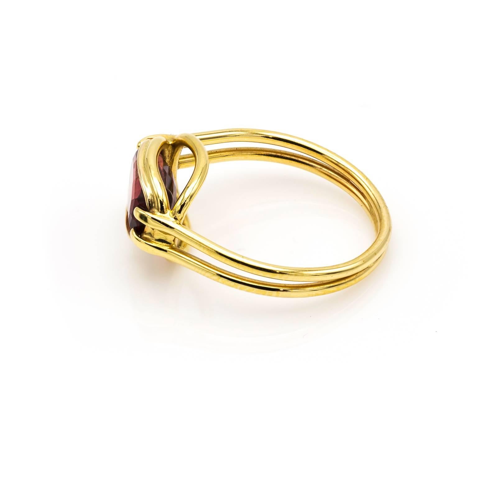 Square Pink Cushion Tourmaline Double Band Ring in Gold In Excellent Condition In Berkeley, CA