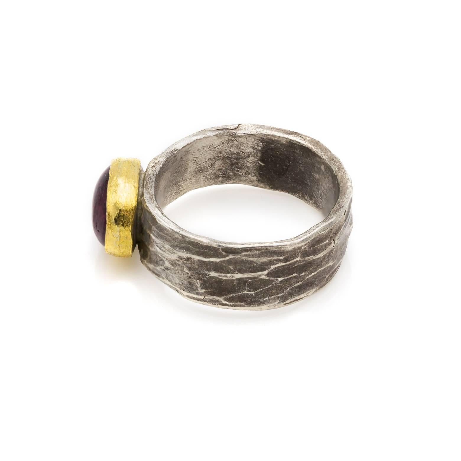 Artist Pink Tourmaline Ring in Hammered Oxidized Sterling Silver and Gold Bezel Ring