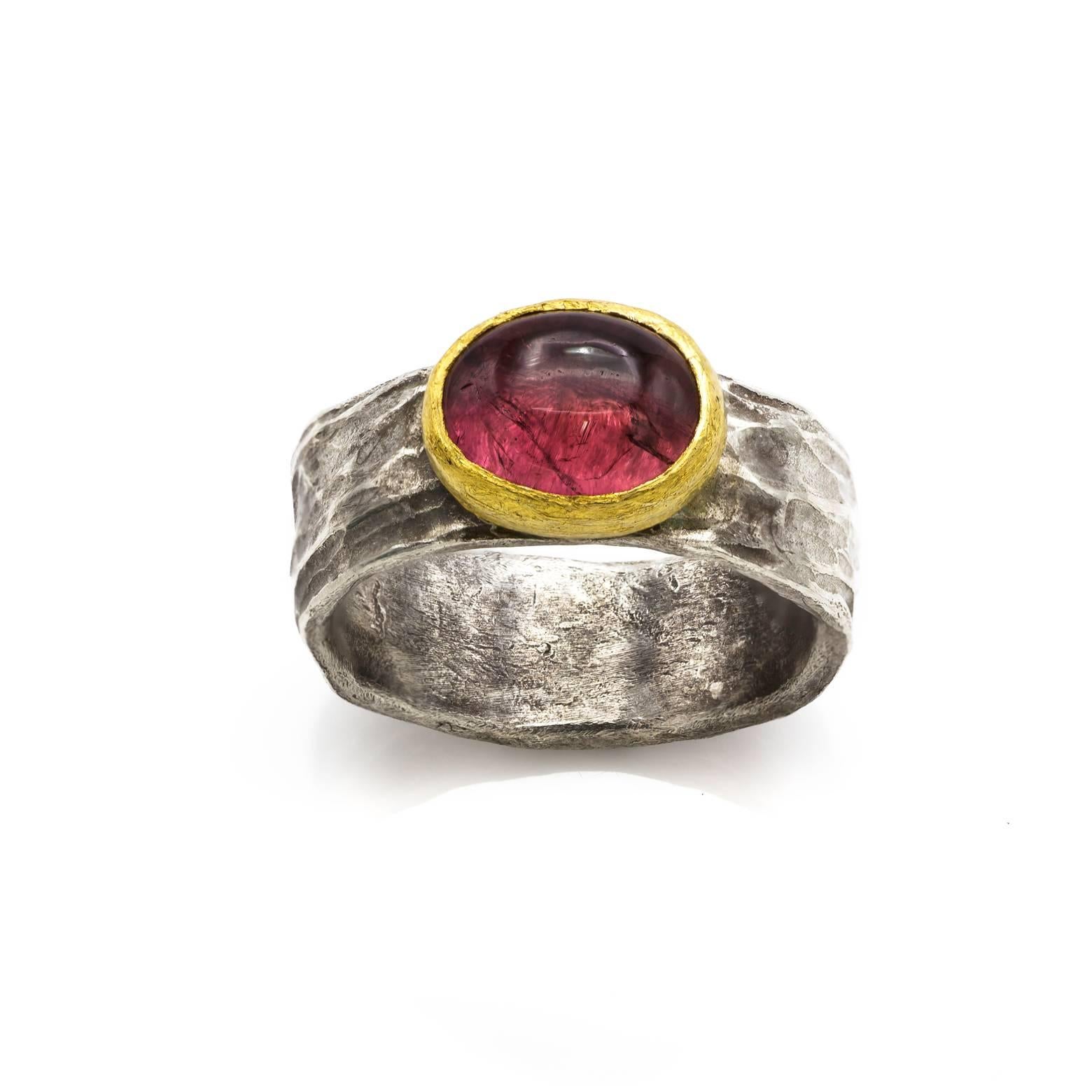 Women's or Men's Pink Tourmaline Ring in Hammered Oxidized Sterling Silver and Gold Bezel Ring