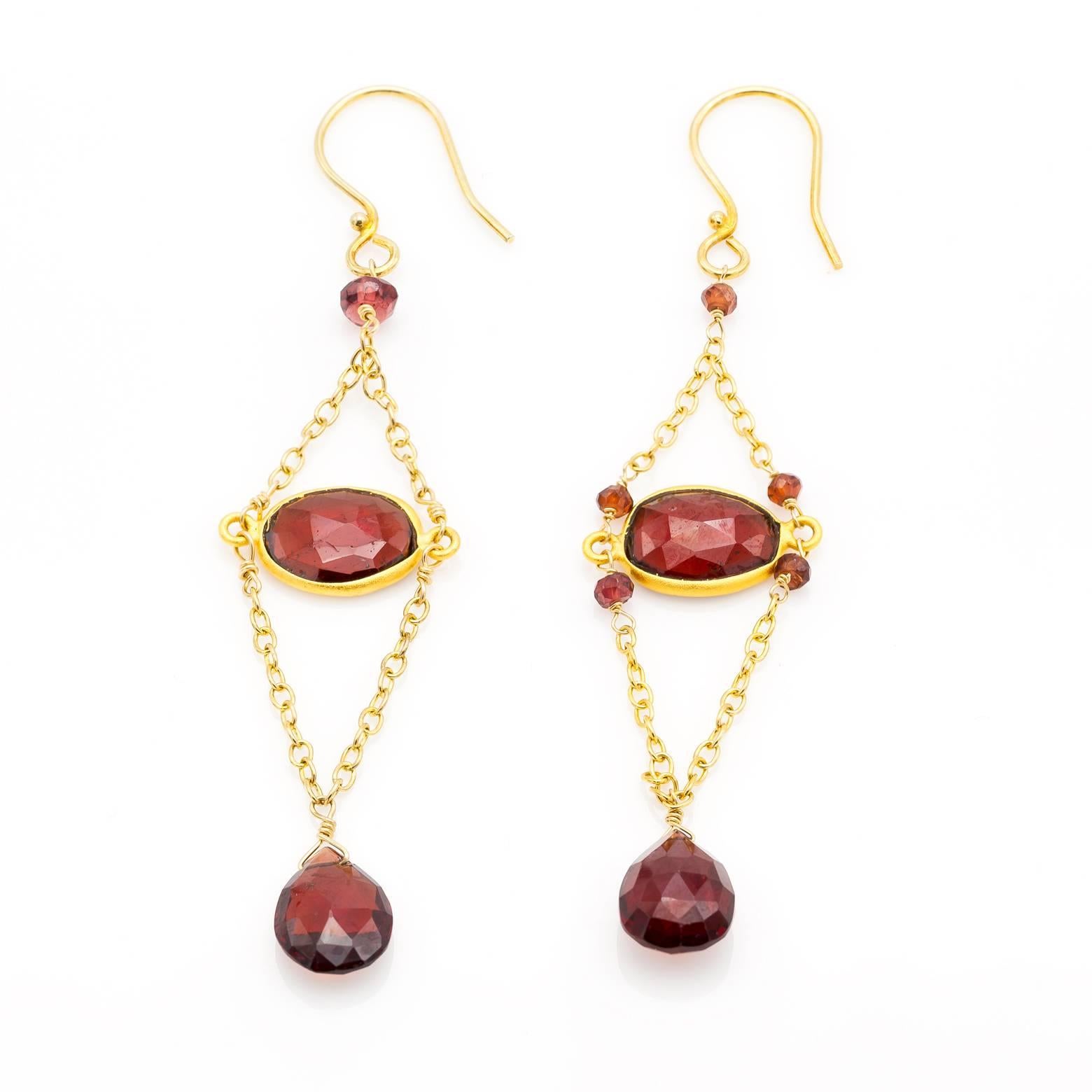 Modern Garnet and Gold Chain Earrings with Faceted Bead Briolettes