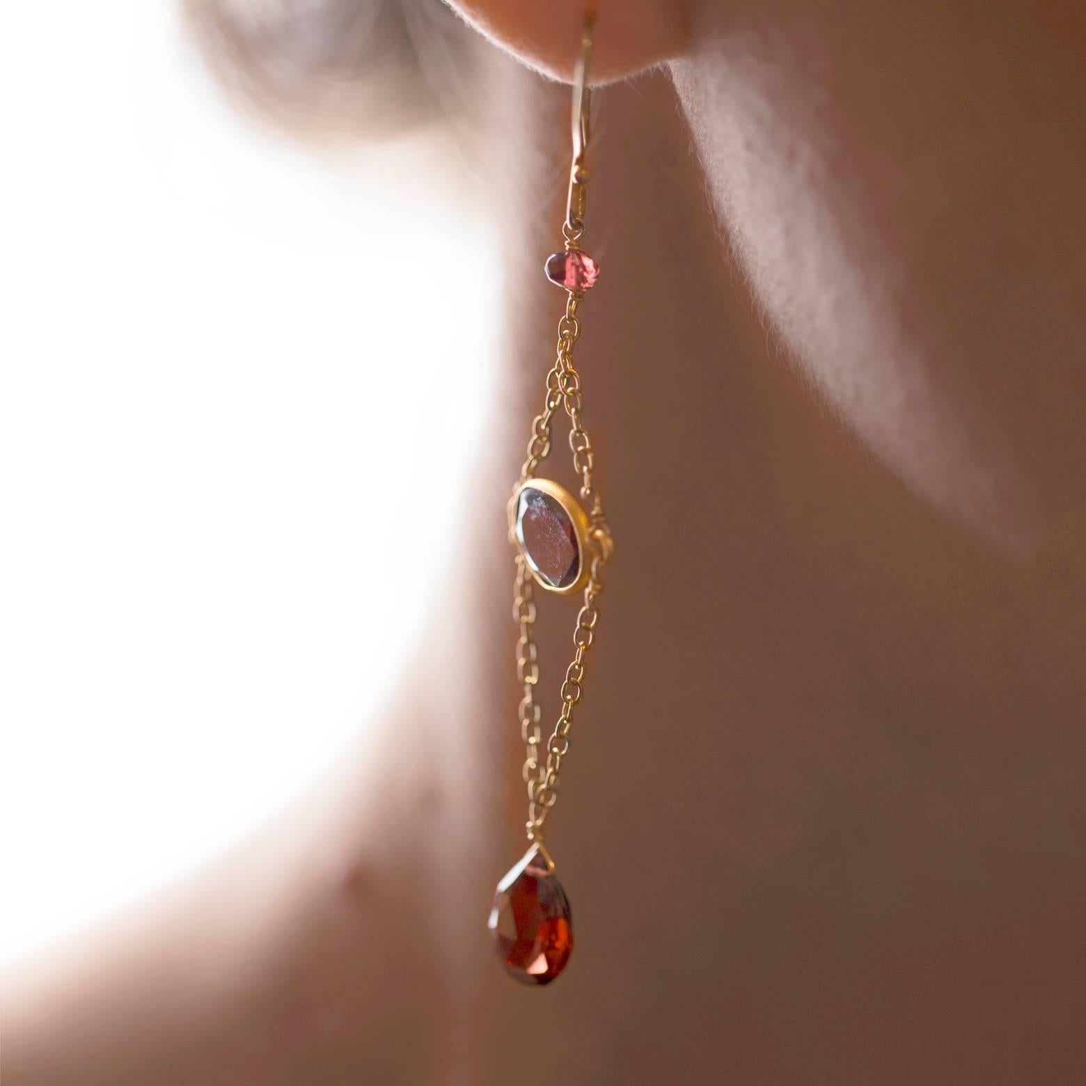 Garnet and Gold Chain Earrings with Faceted Bead Briolettes 1