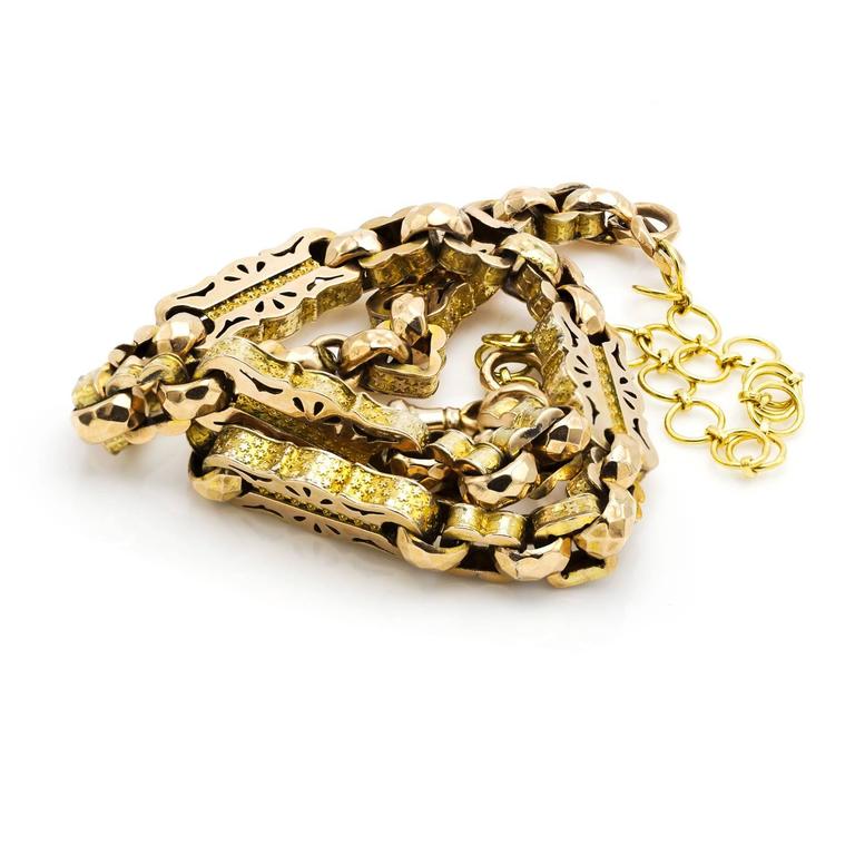 Late Victorian Watch Chain Link Necklace in Yellow and Rose Gold Engraved In Excellent Condition For Sale In Berkeley, CA