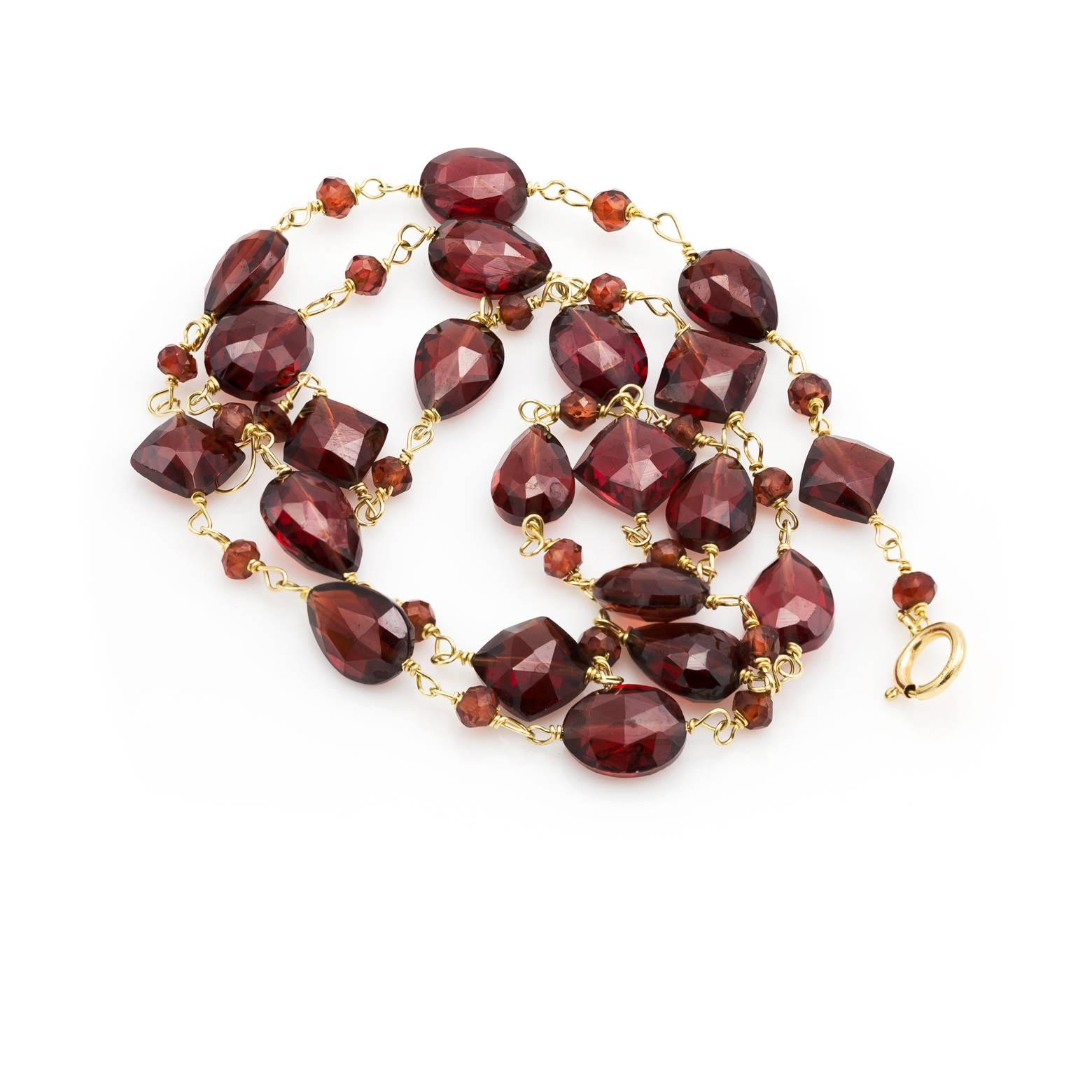 Modern Faceted Garnet Bead Necklace in Gold with Tear Shapes, Squares, and Ovals 