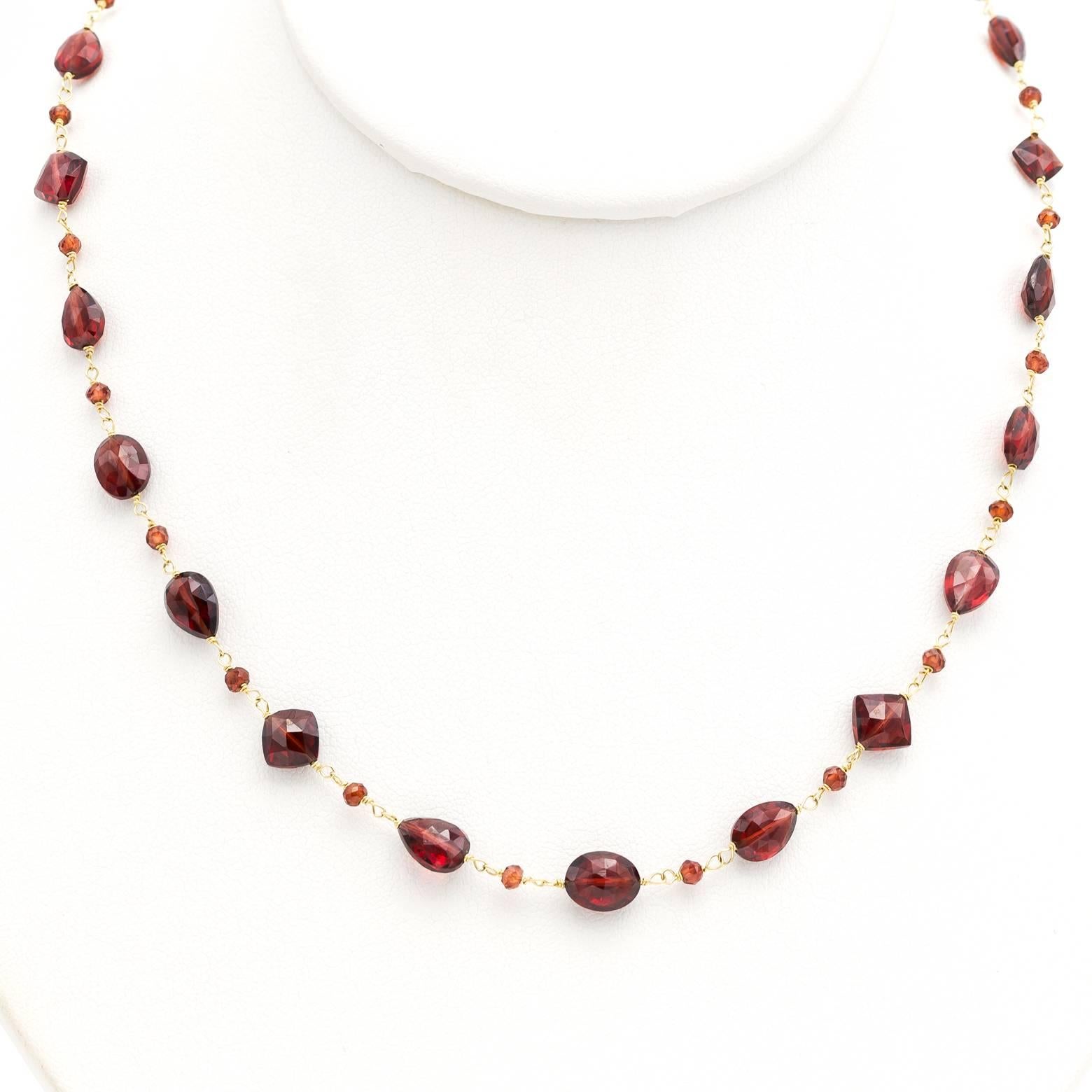 Faceted Garnet Bead Necklace in Gold with Tear Shapes, Squares, and Ovals  In Excellent Condition In Berkeley, CA