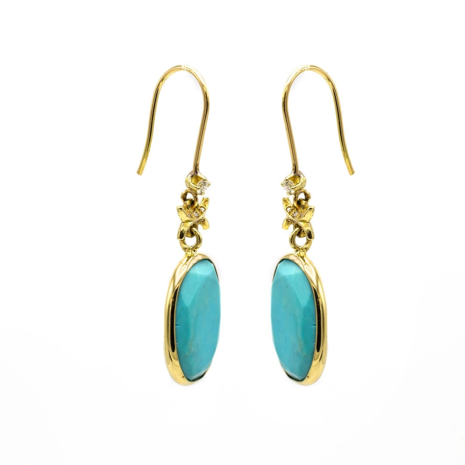 These stunning bright turquoise earrings are wonderfully faceted with seven accent diamonds on each earring. One large diamond on top and six set in the beautiful golden design. Sparkly and decorative these earrings add elegance to brighten up any