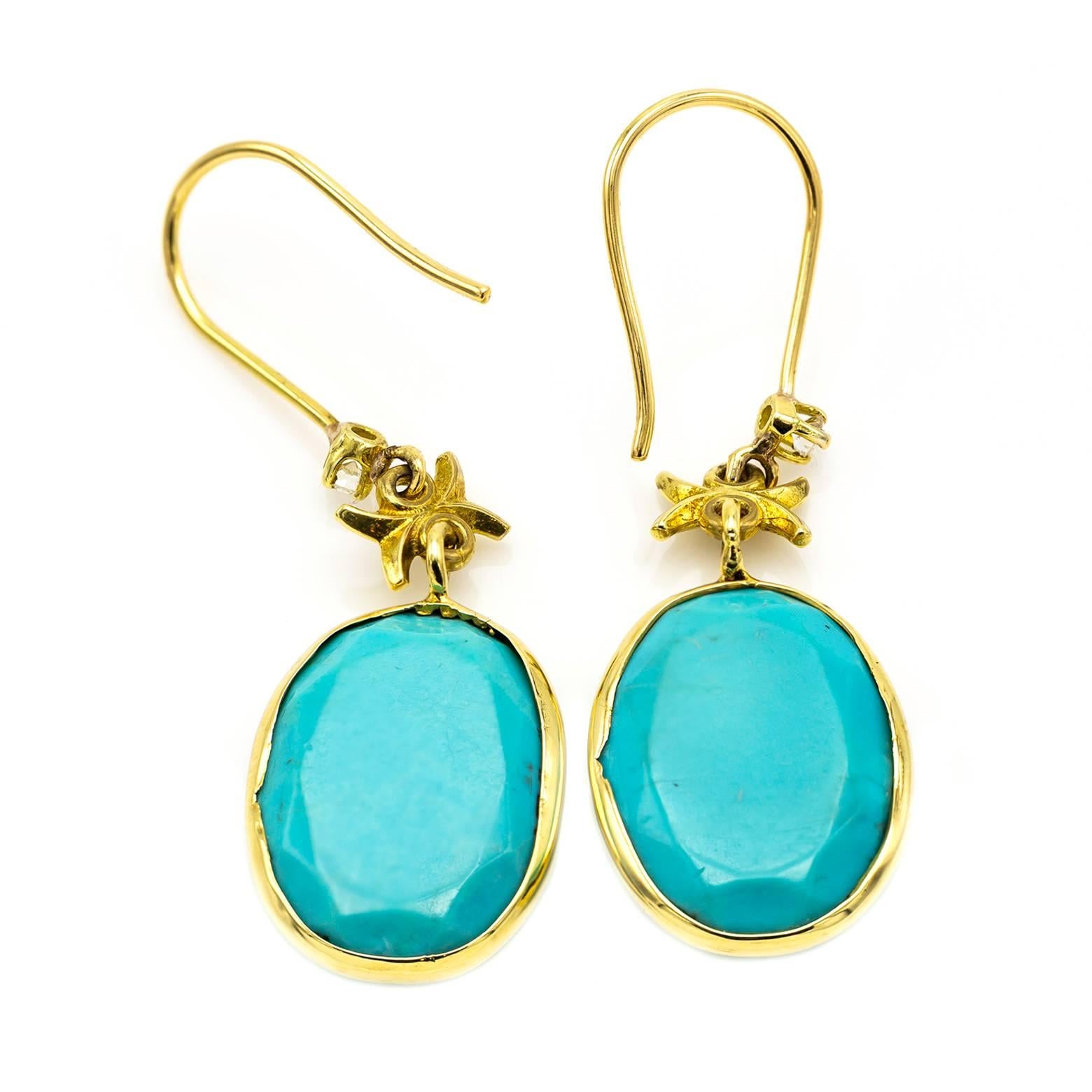 Turquoise and Gold Earrings with Embellished Diamond Accents In Excellent Condition In Berkeley, CA