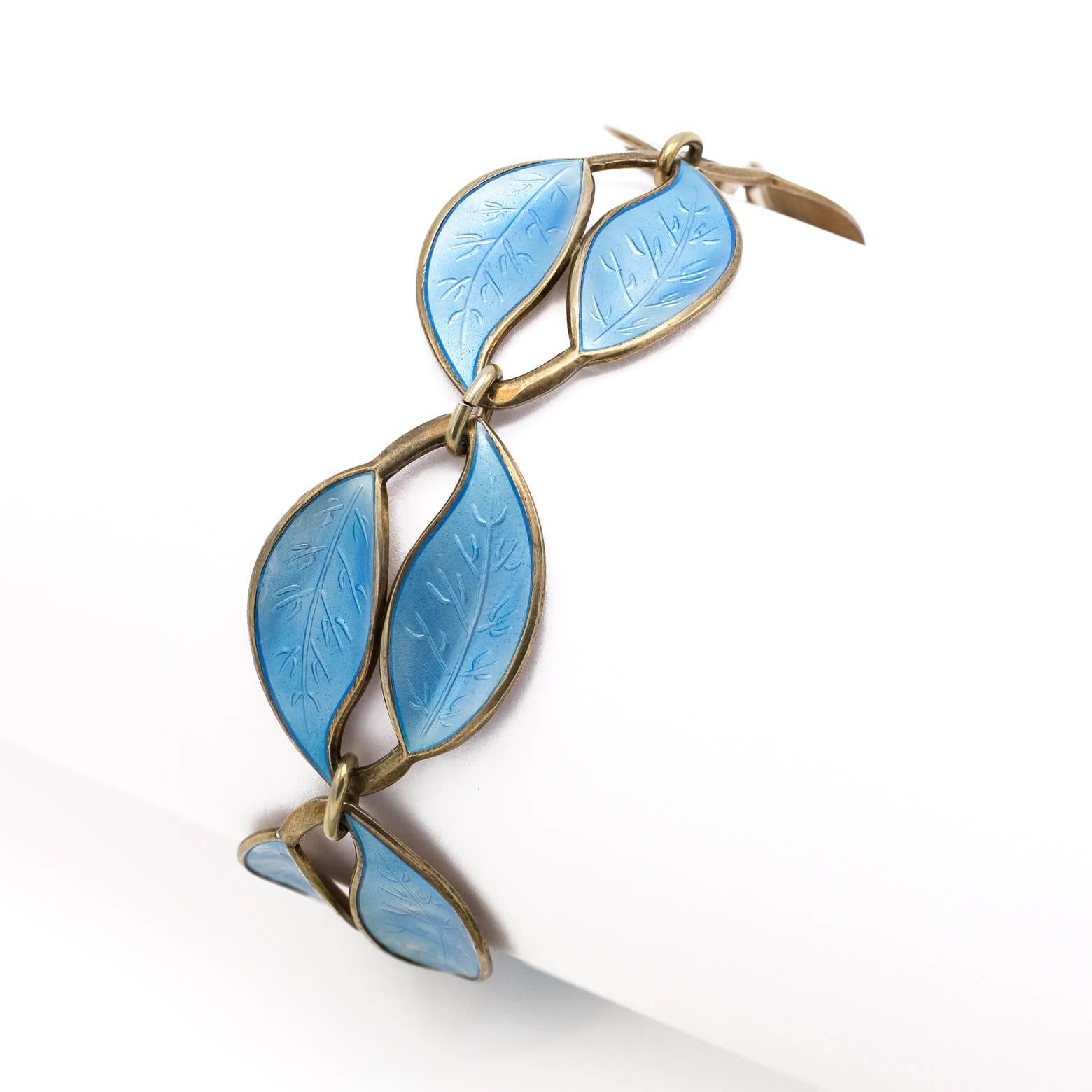 Women's Art Deco Blue Enamel Leaf Bracelet in Sterling Silver