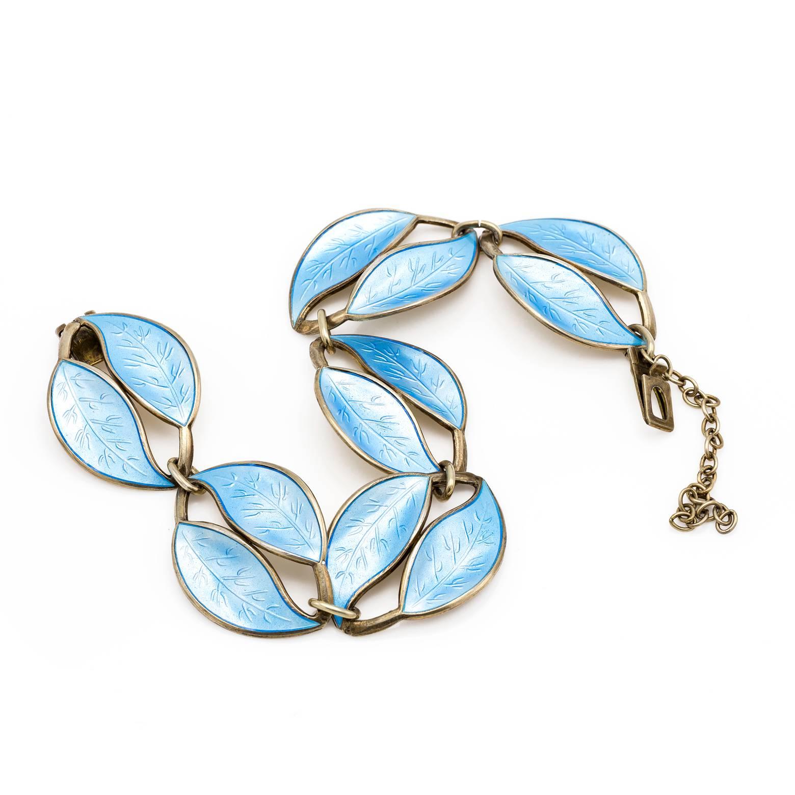 Art Deco Blue Enamel Leaf Bracelet in Sterling Silver 1