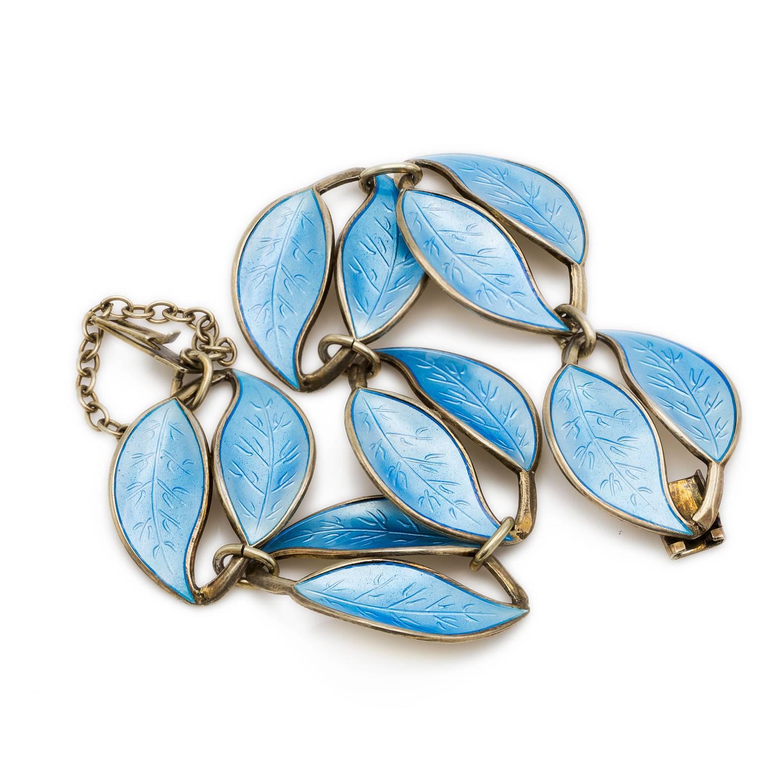 Art Deco Blue Enamel Leaf Bracelet in Sterling Silver 2