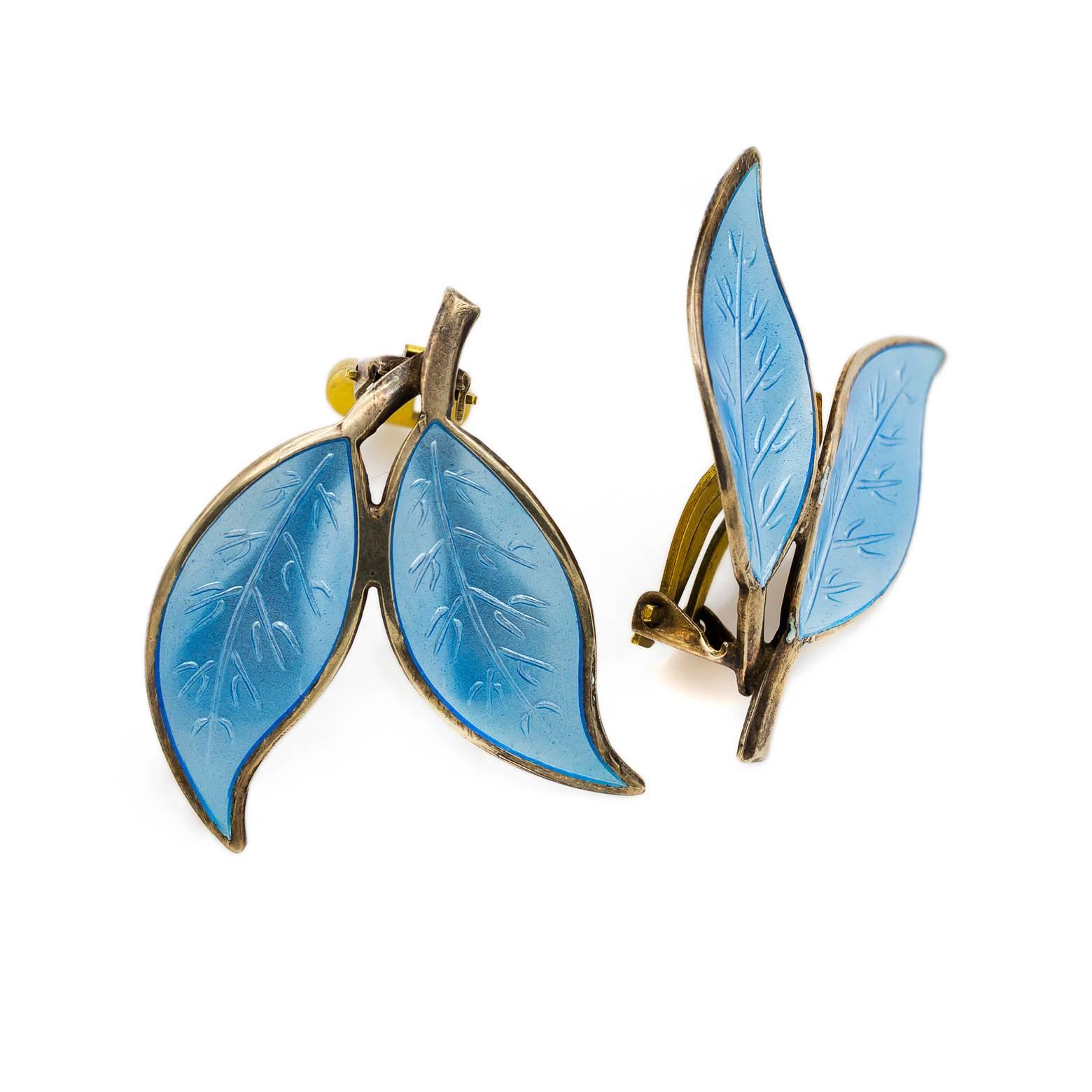 Art Deco Light Blue Guilloche Enamel Leaf Clip-On Earrings in Sterling Silver
