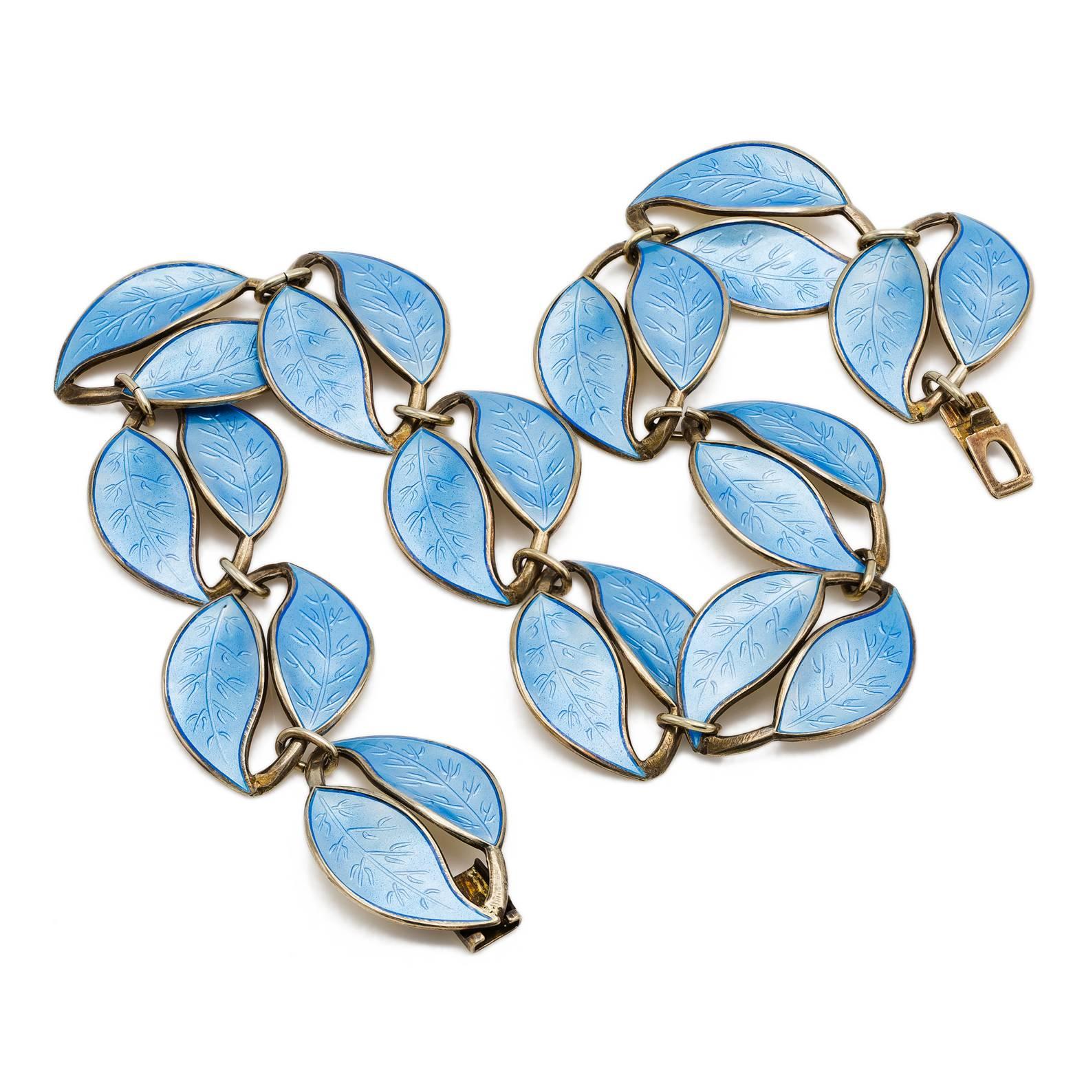 Women's Light Blue Enamel Guilloche Leaf Antique Necklace in Sterling Silver