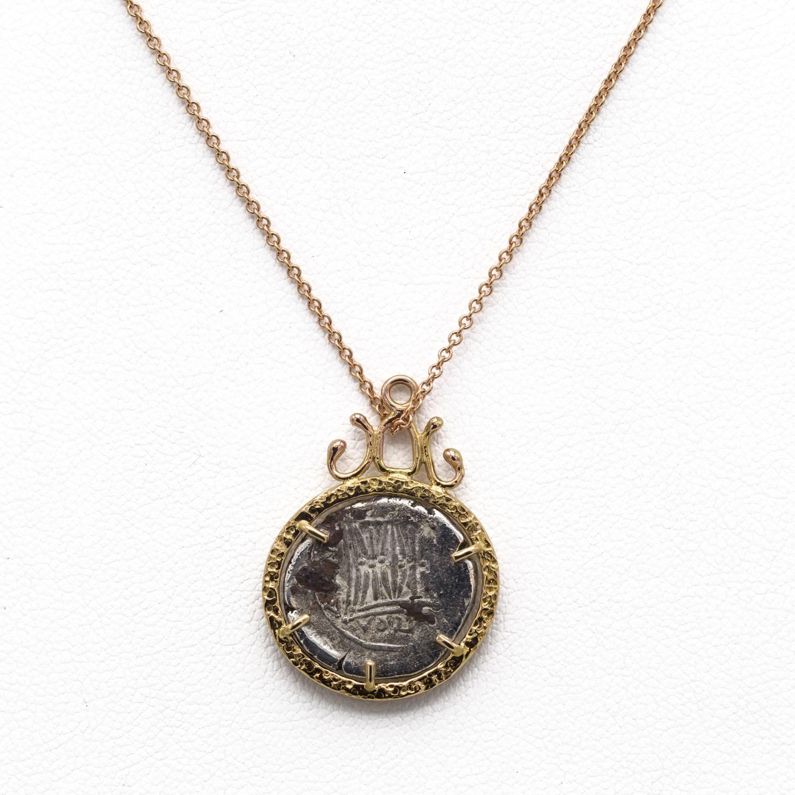 Classical Roman Bronze Roman Coin Set in 14 Karat Gold Pendant