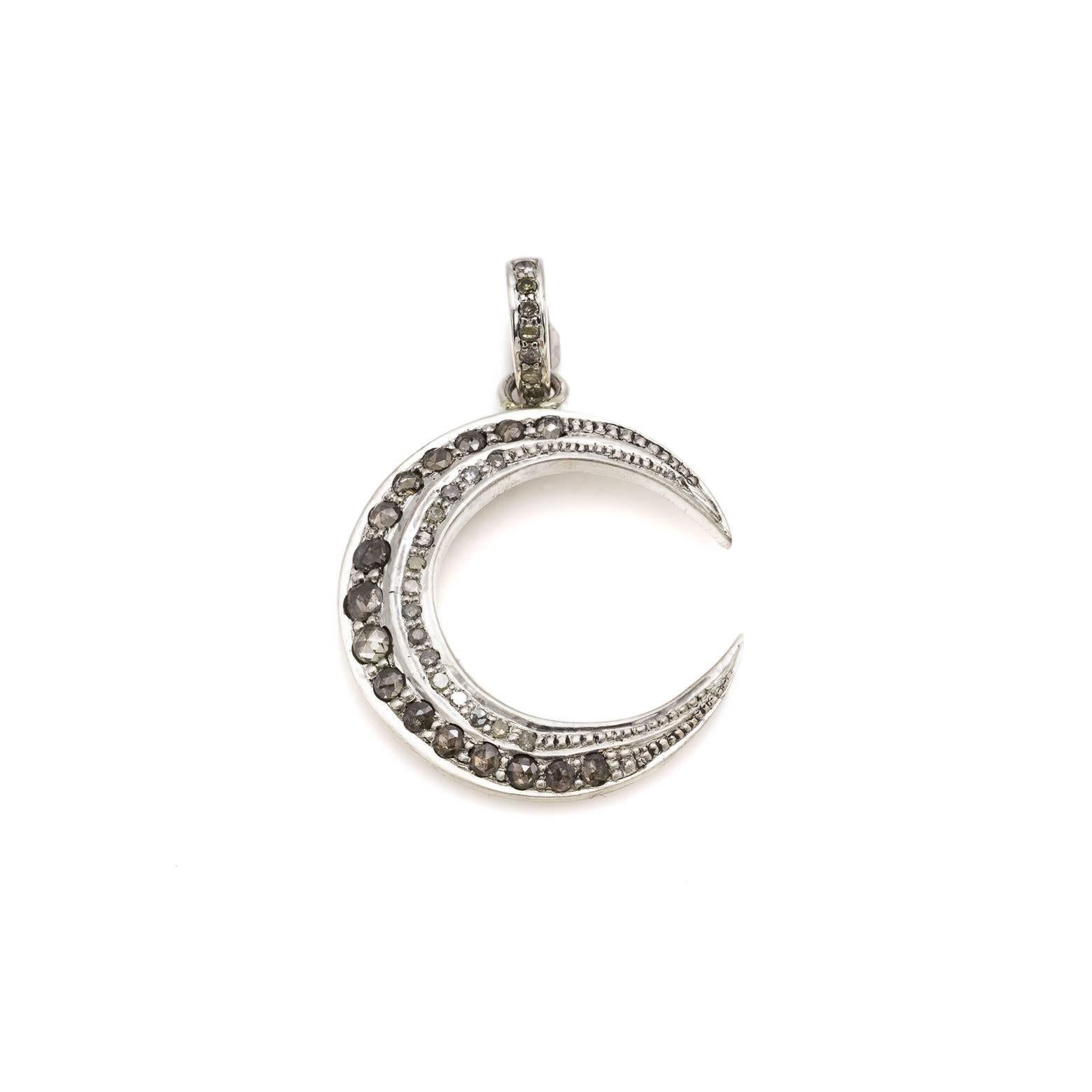 Modern White and Champagne Diamond Moon Pendant Set in Black Oxidized Sterling Silver