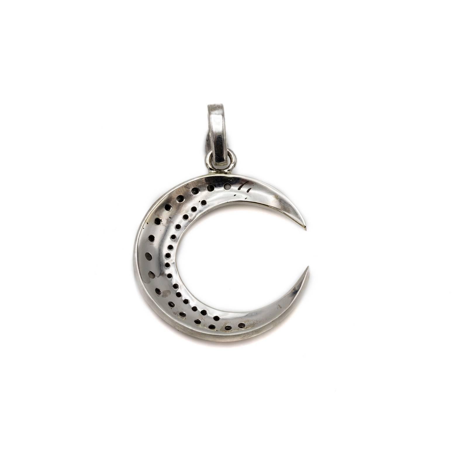 White and Champagne Diamond Moon Pendant Set in Black Oxidized Sterling Silver In Excellent Condition In Berkeley, CA