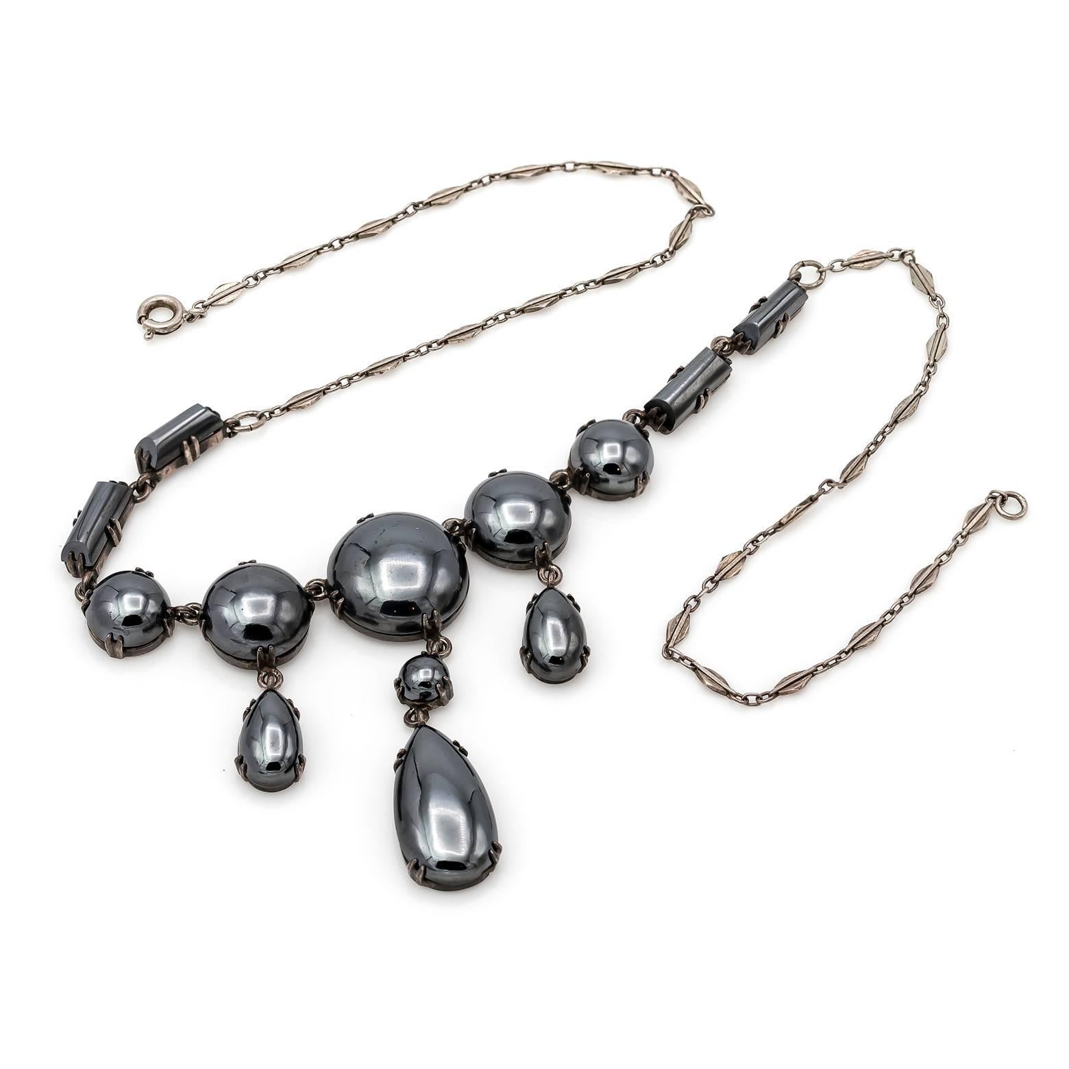 Art Deco 1930s Hematite and Sterling Silver Antique German Necklace