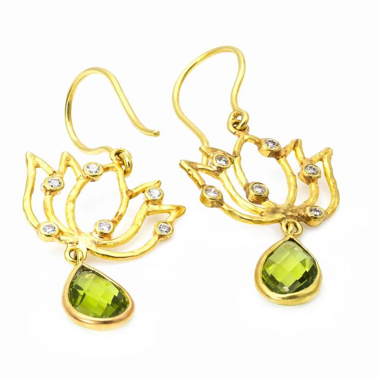 Green Peridot Diamonds Gold Lotus Earrings For Sale at 1stDibs