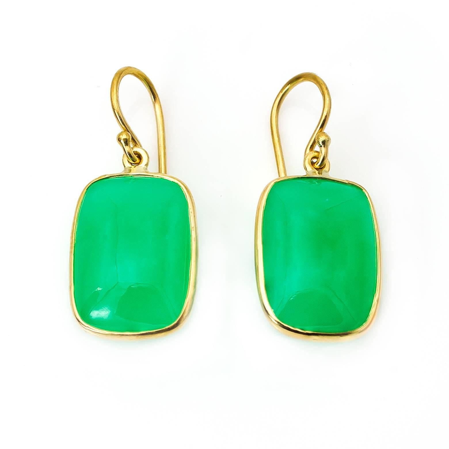 Modern Rectangle Green Chrysoprase 18k Gold Earrings 