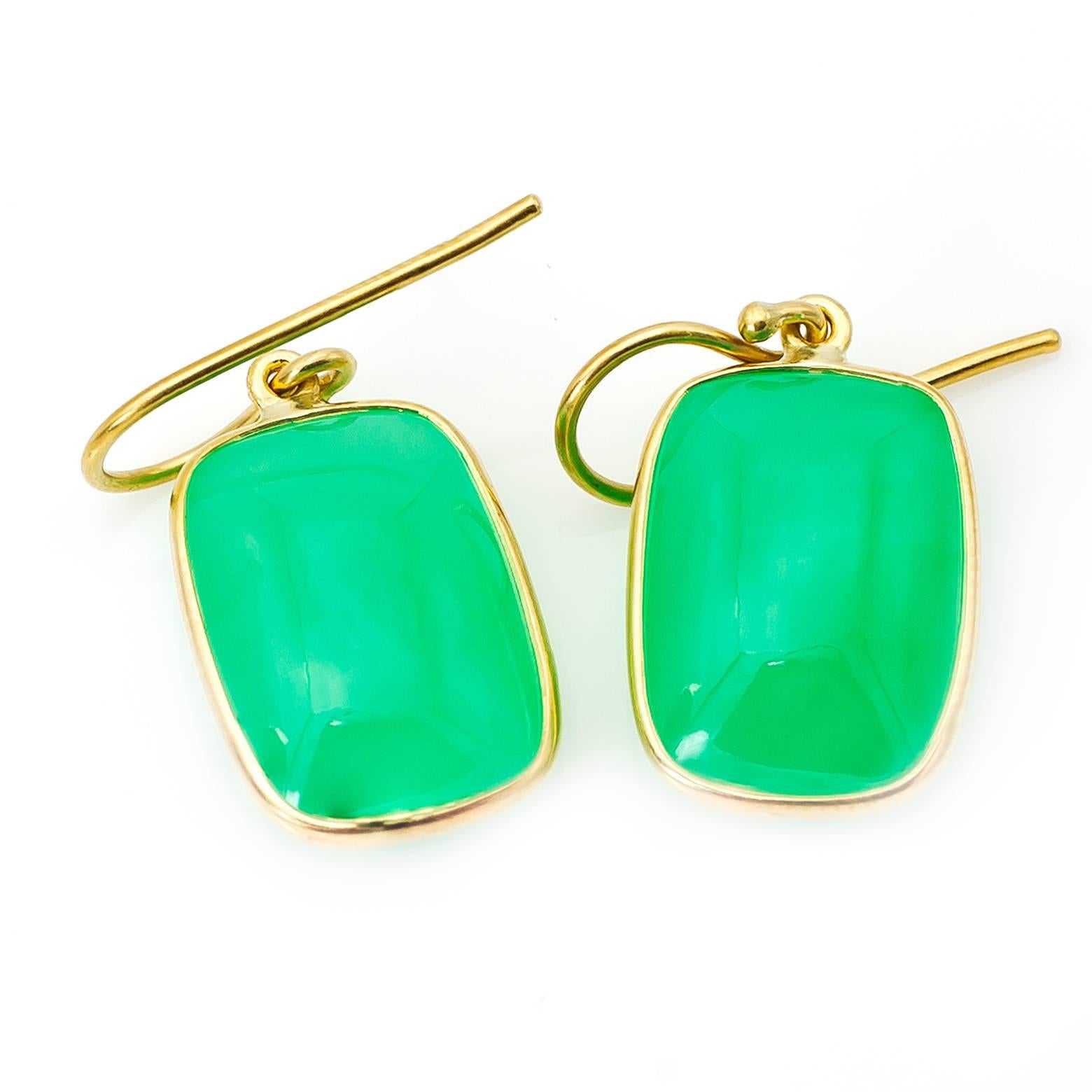 Women's Rectangle Green Chrysoprase 18k Gold Earrings 