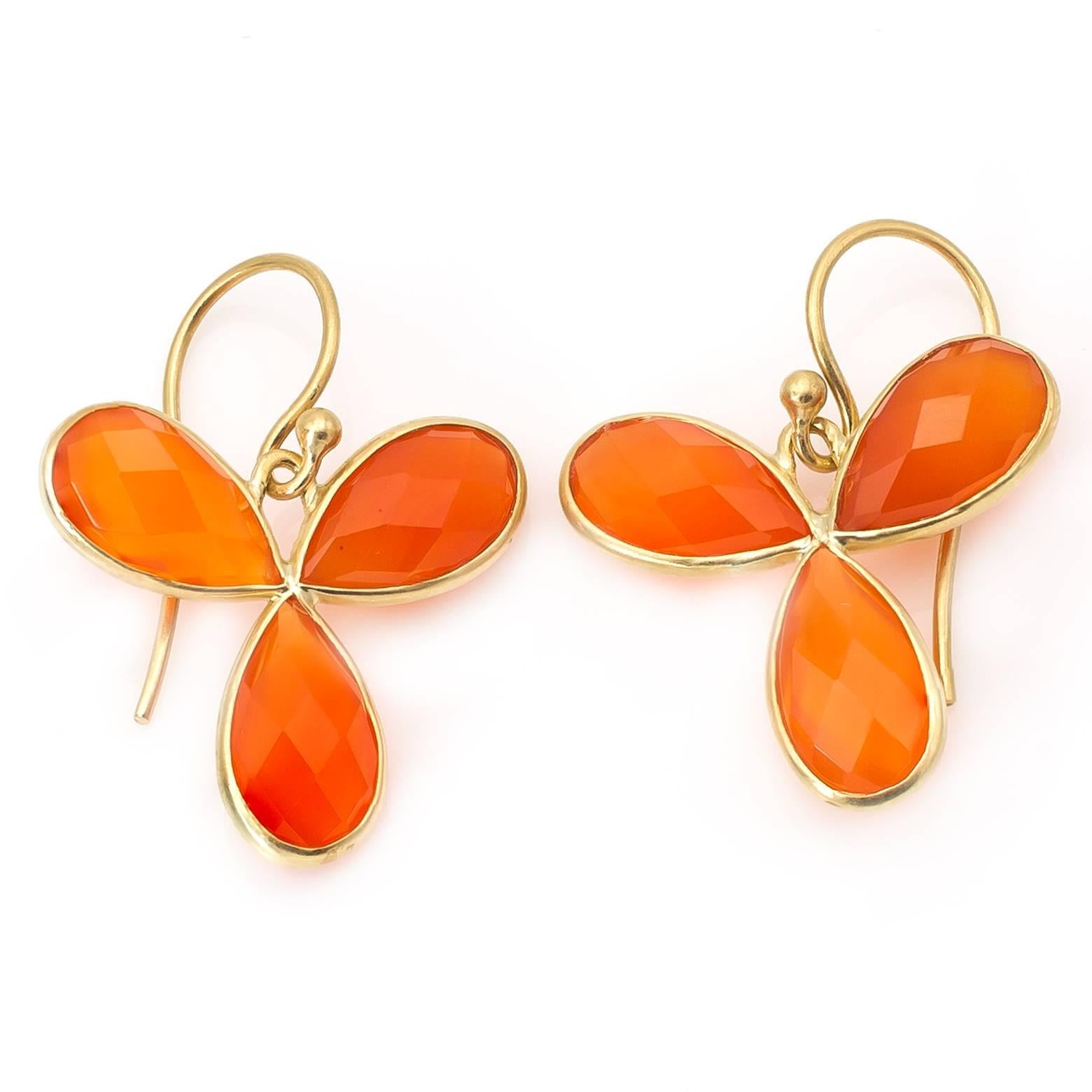 Pear Shaped Faceted Carnelian Petal Earrings in Gold In Excellent Condition In Berkeley, CA