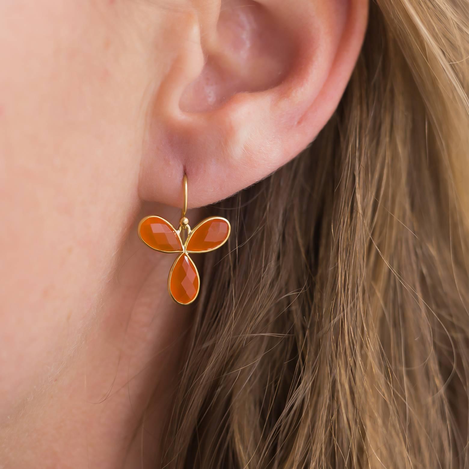 Pear Shaped Faceted Carnelian Petal Earrings in Gold 1