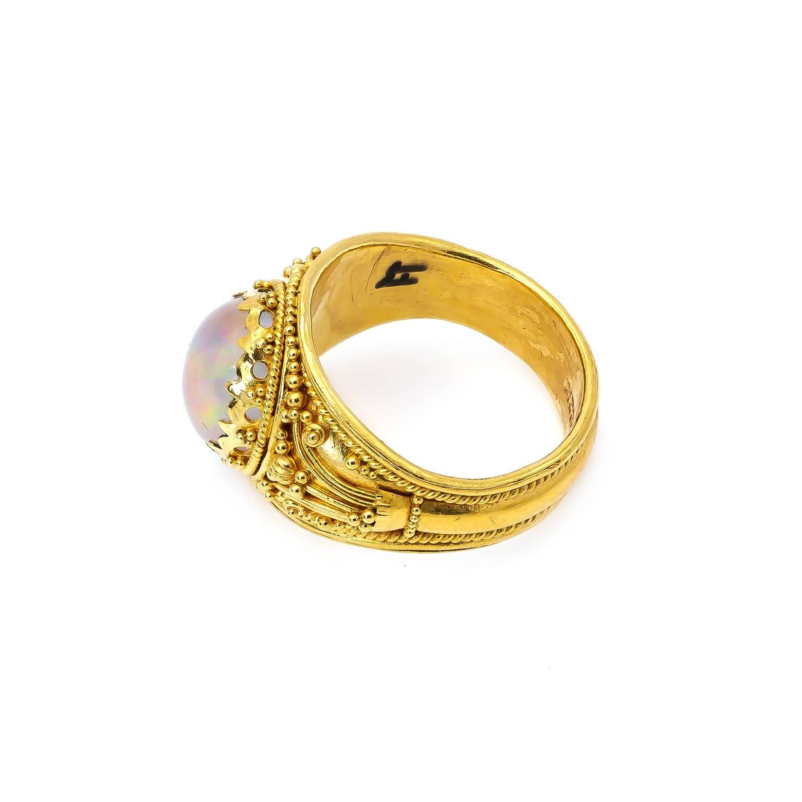 Modern Large Jelly Opal Gold Ring with Intricate Granular Detail