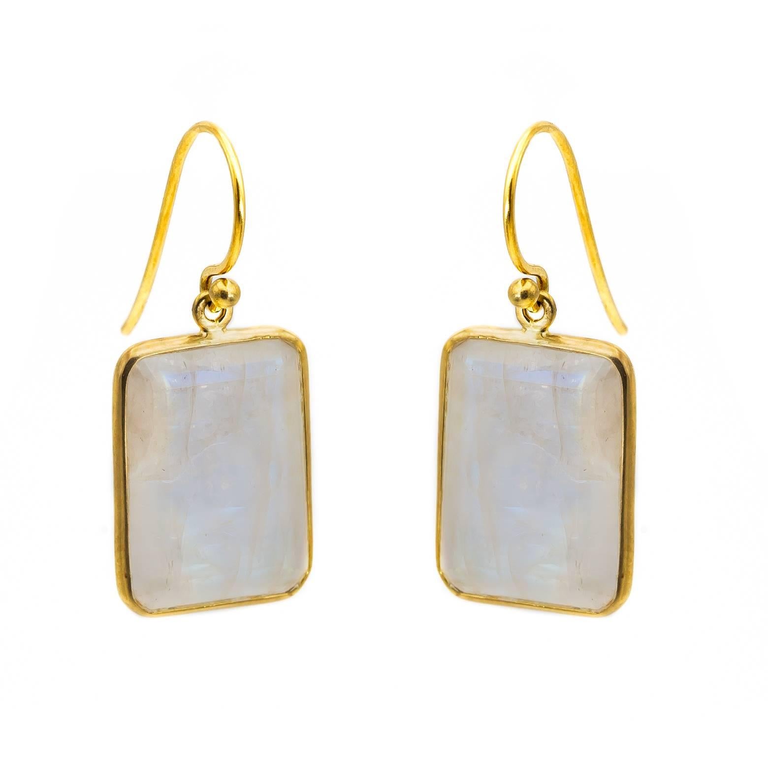 Women's White Emerald Cut Moonstone Yellow Gold Earrings