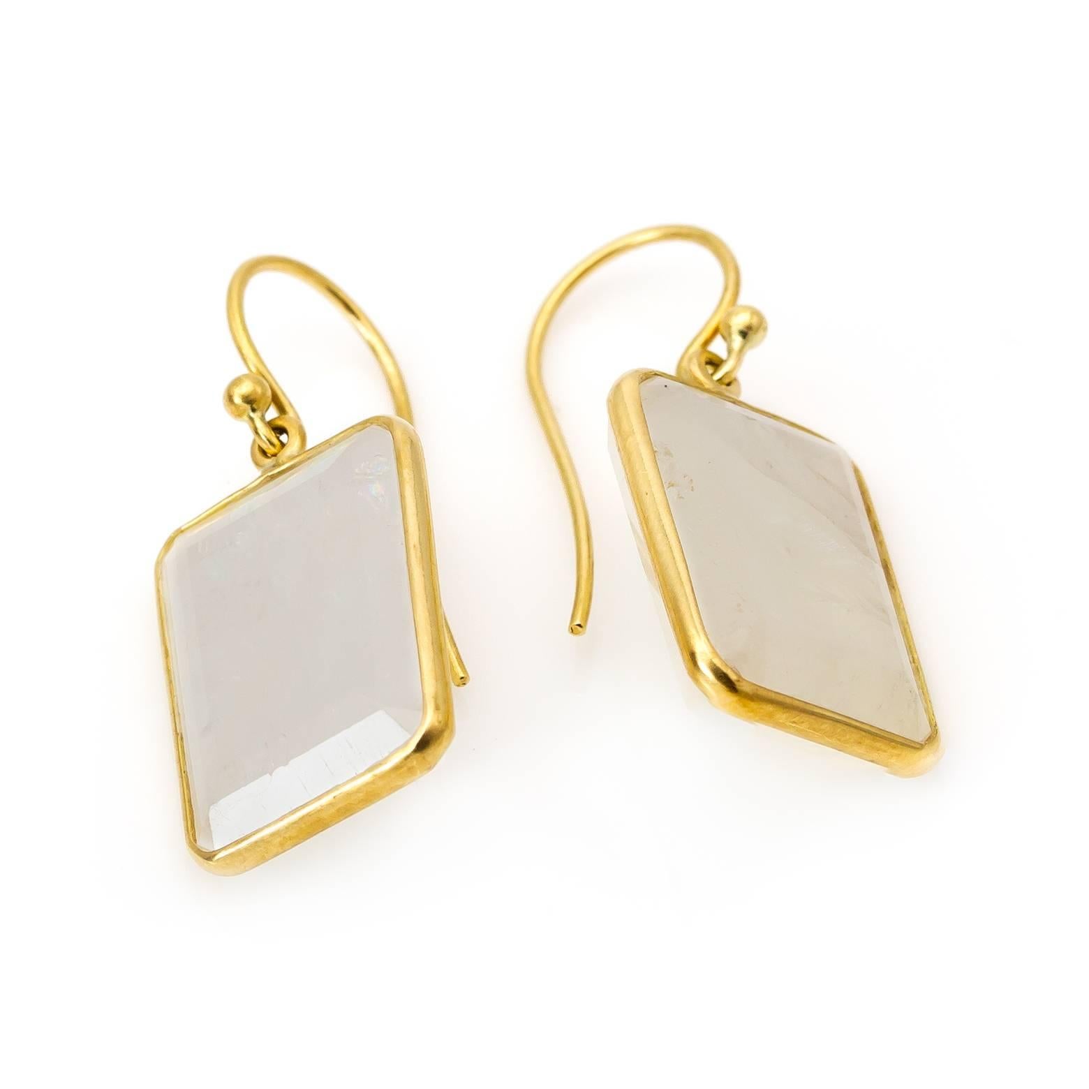 Modern White Emerald Cut Moonstone Yellow Gold Earrings