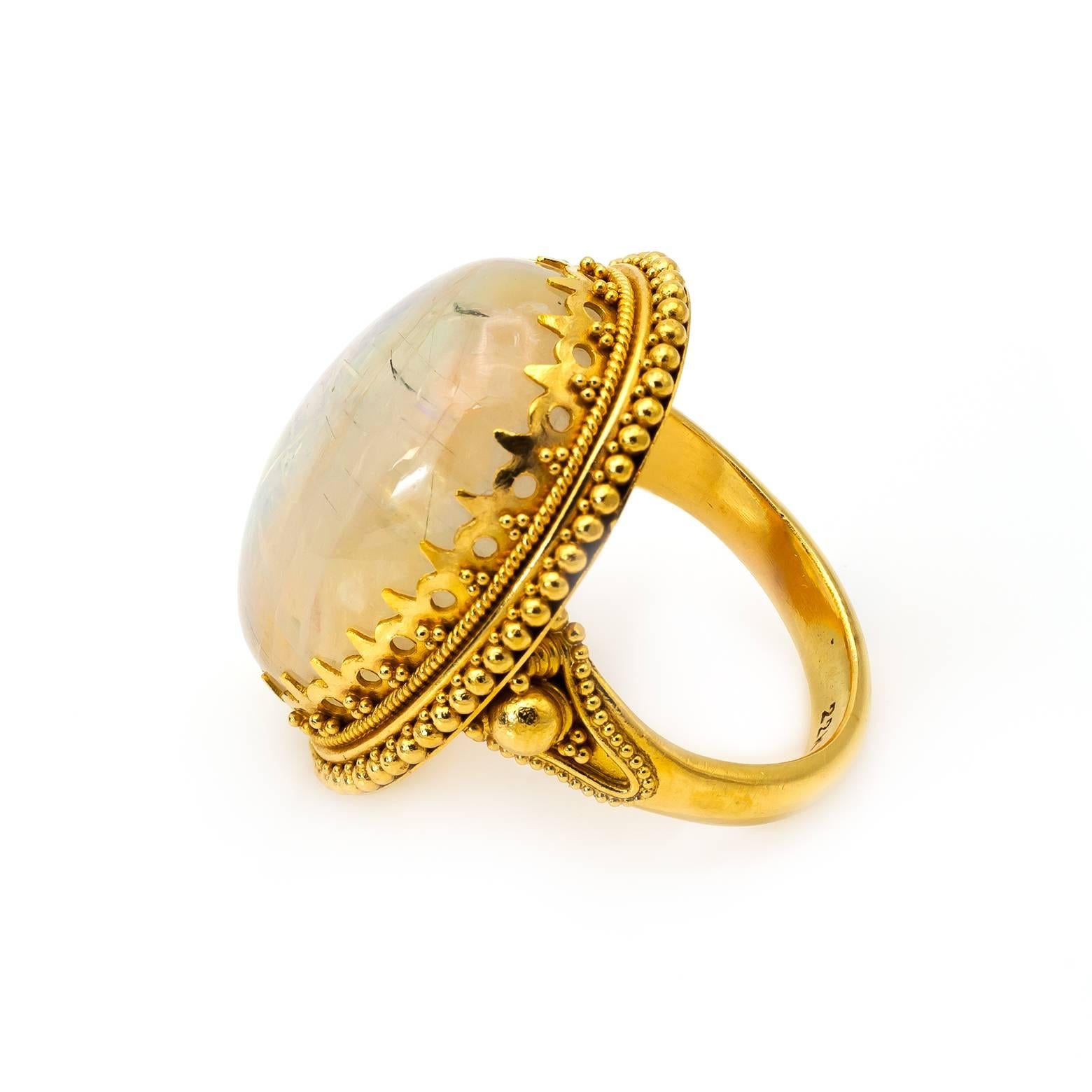 Rainbow Moonstone in a Ring 22k Yellow Gold Balinese  In Excellent Condition In Berkeley, CA