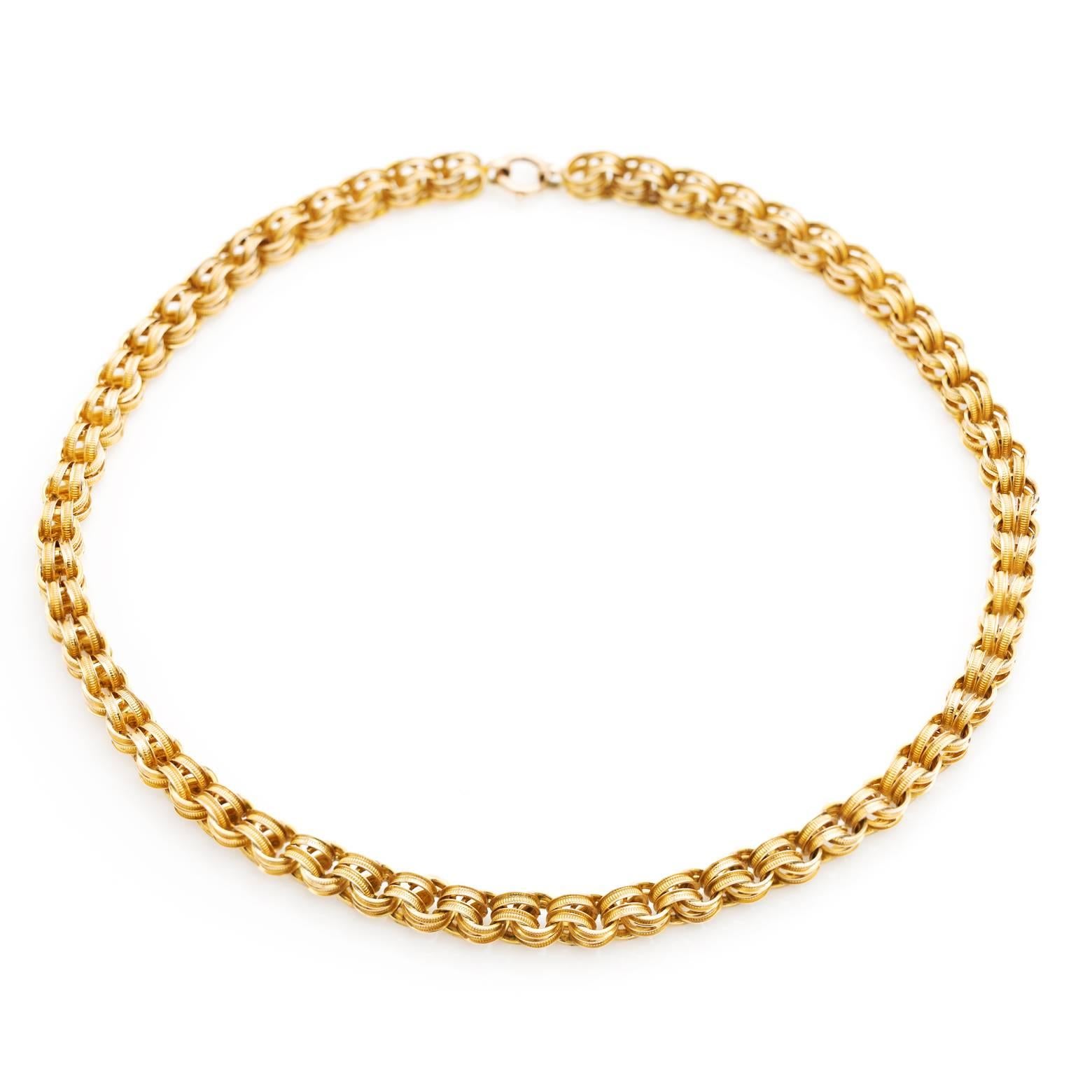 This substantial and shiny double link gold chain has intricate detail that adds extra shine and it's from the 1880's. Vintage and antique and made to be celebrated! It's in excellent and extravagant condition.