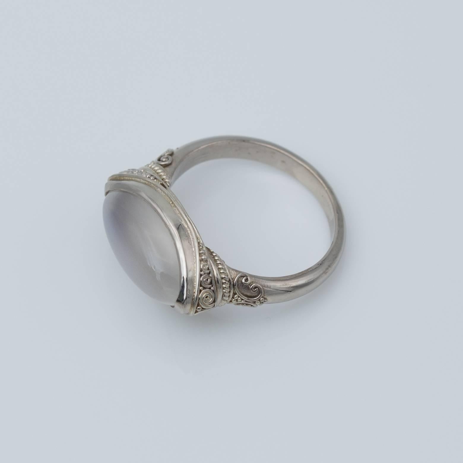 Contemporary Marquise Moonstone and Granular White Gold Ring