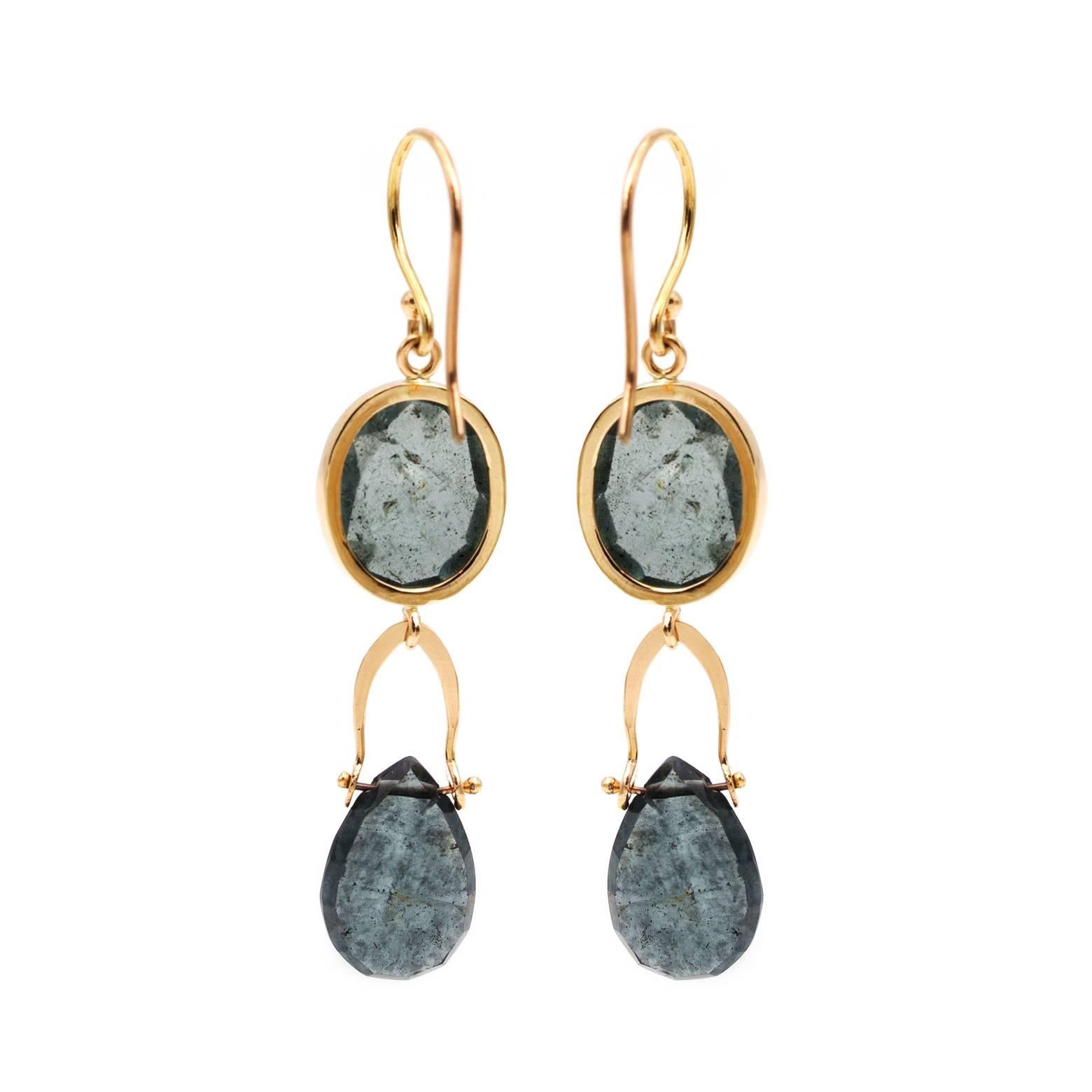 Moss Aquamarine Yellow Gold Drop Earrings In Excellent Condition For Sale In Berkeley, CA