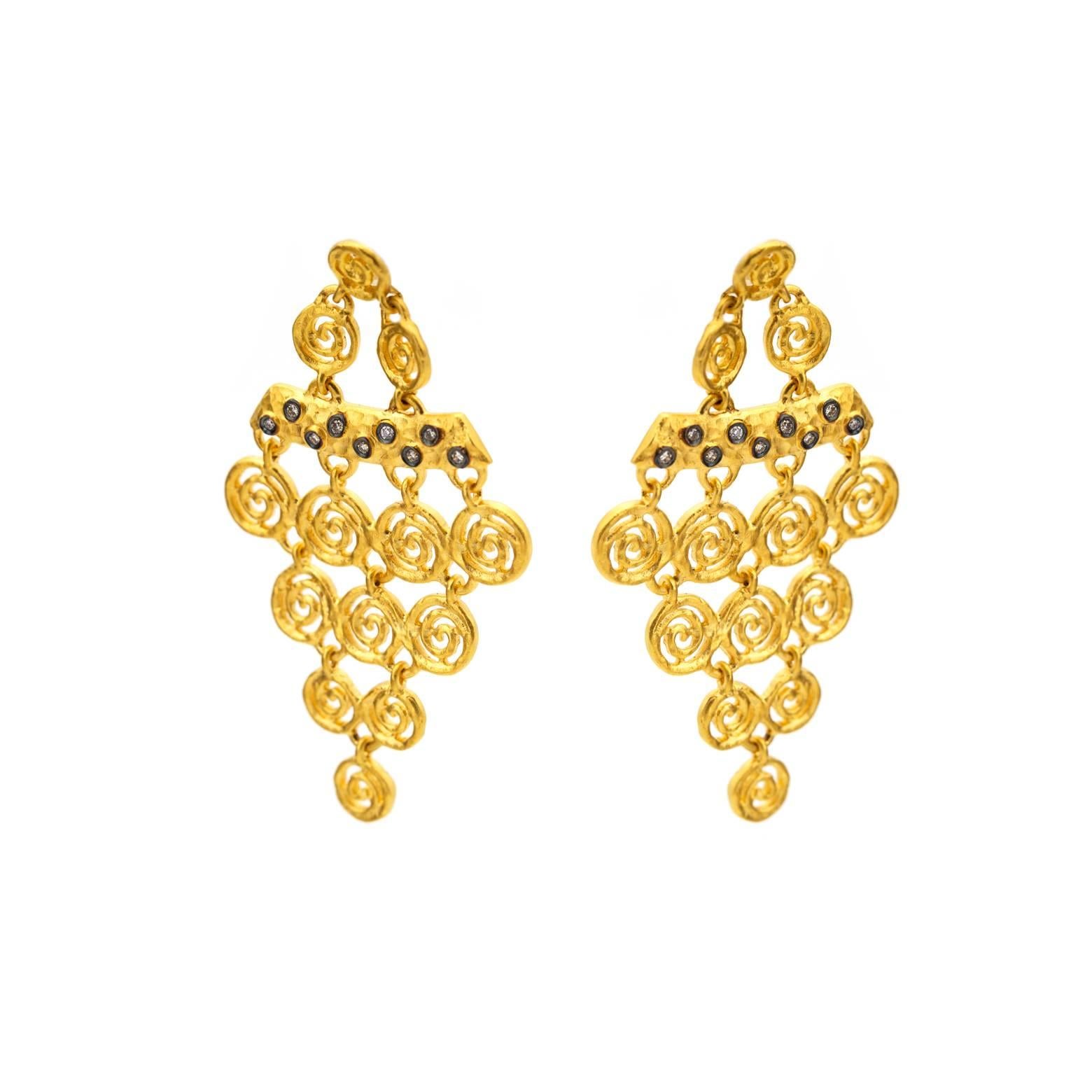 Romantic Gold Vermiel Spiral and Diamond Earrings with Post Backs
