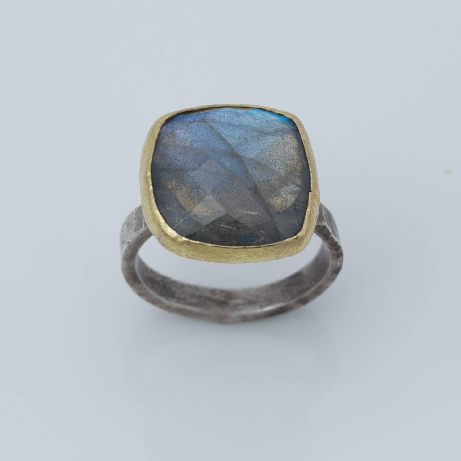 Large Labradorite Checkerboard Ring with a Yellow Gold Bezel and Sterling Band In Excellent Condition In Berkeley, CA