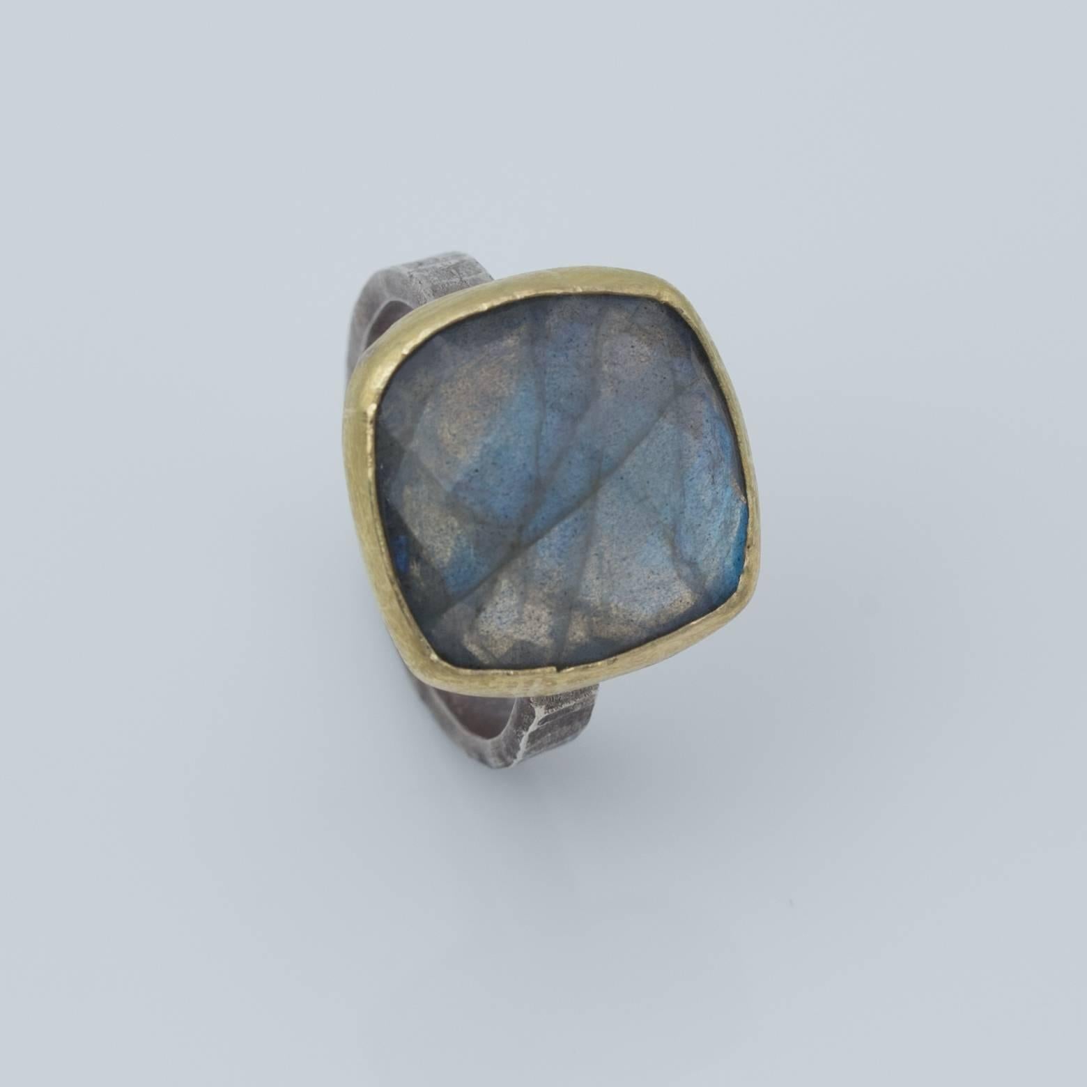 Women's or Men's Large Labradorite Checkerboard Ring with a Yellow Gold Bezel and Sterling Band
