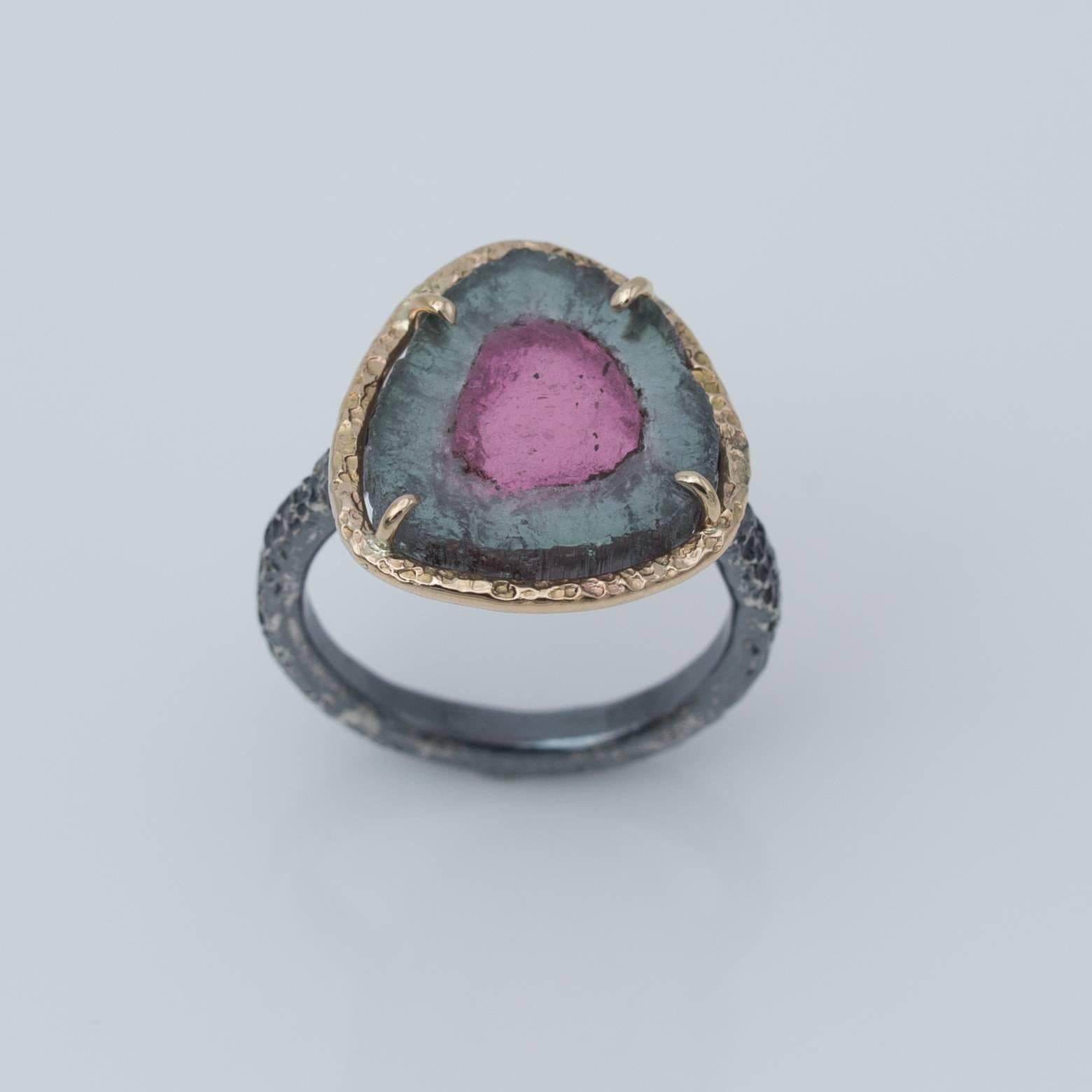 Artist Pink and Green Watermelon Tourmaline Ring in Gold and Oxidized Sterling Silver