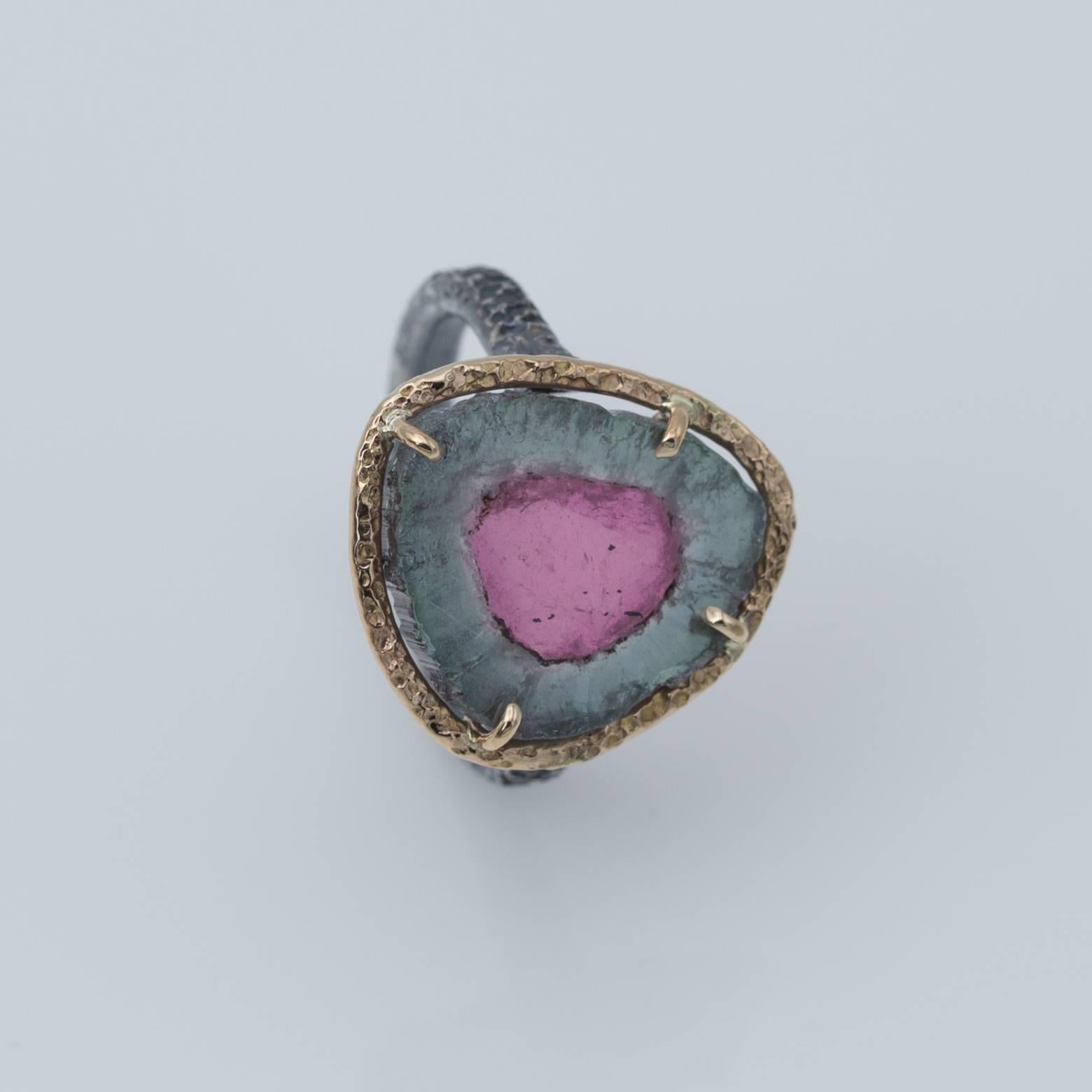 Pink and Green Watermelon Tourmaline Ring in Gold and Oxidized Sterling Silver In Excellent Condition In Berkeley, CA