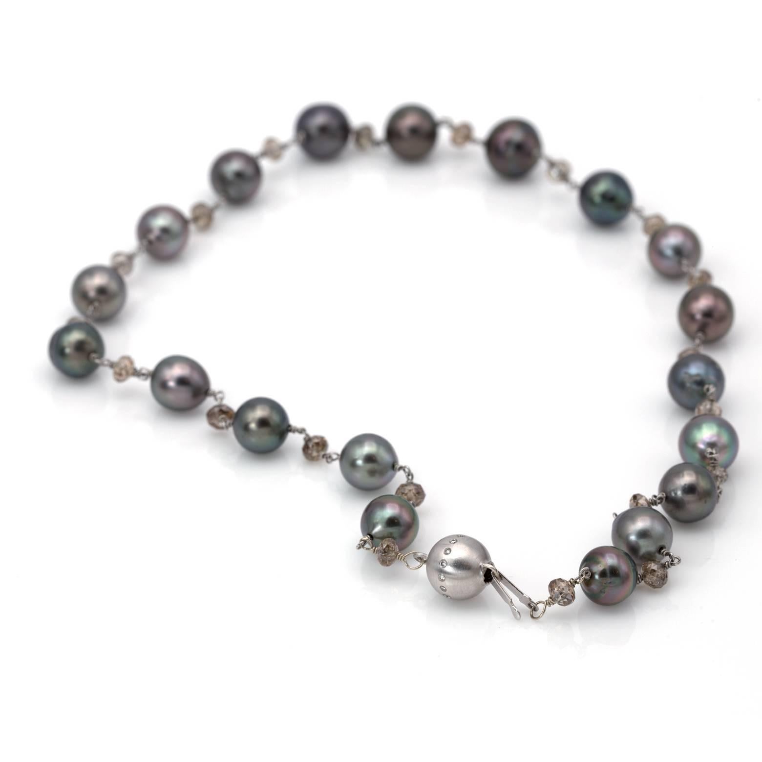 Modern Black Tahitian Pearl and Champagne Diamond Bead Necklace in White Gold
