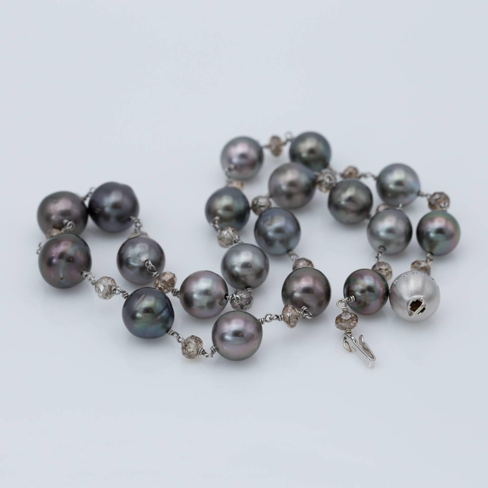Black Tahitian Pearl and Champagne Diamond Bead Necklace in White Gold In Excellent Condition In Berkeley, CA